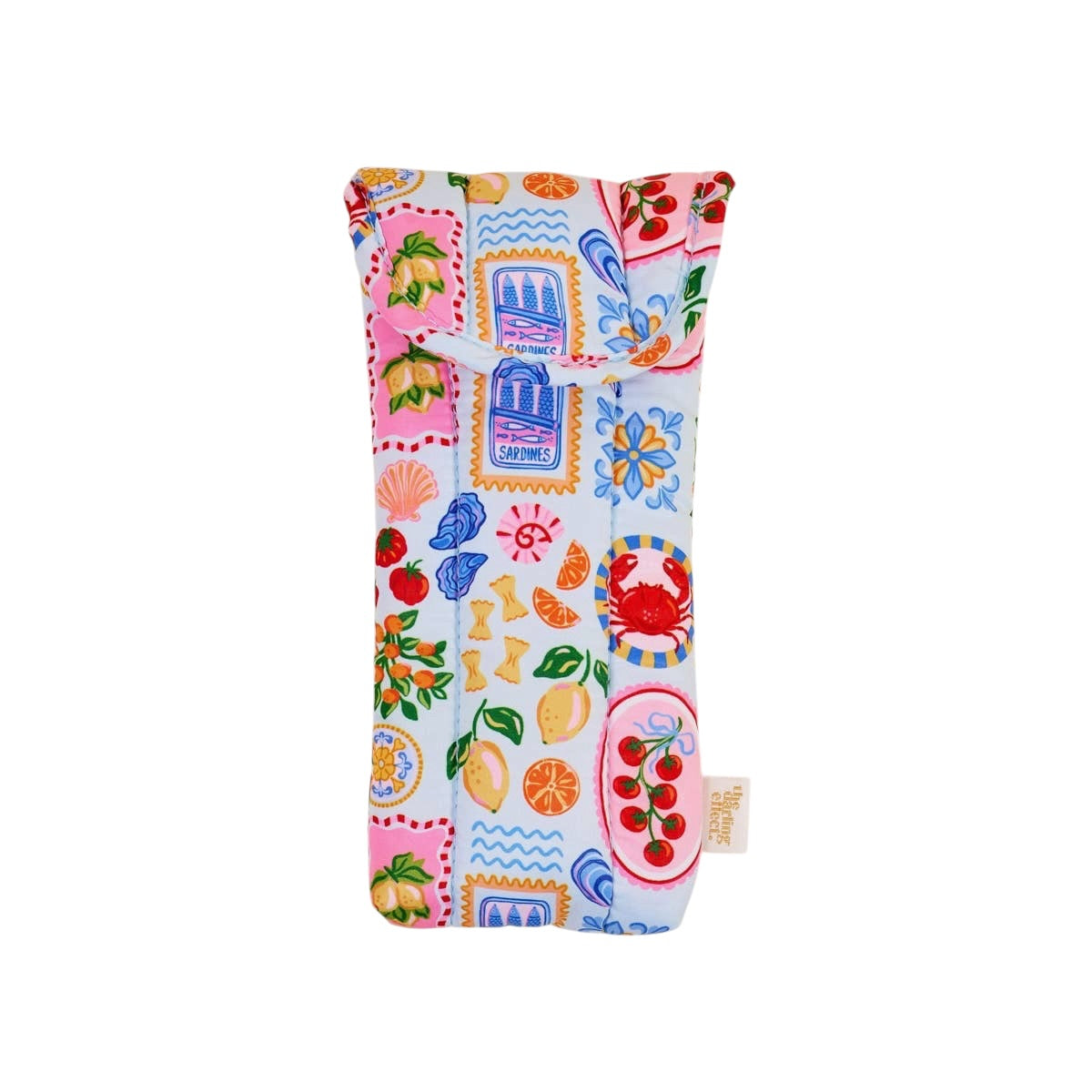 Colorful patterned pouch with various designs on a white background