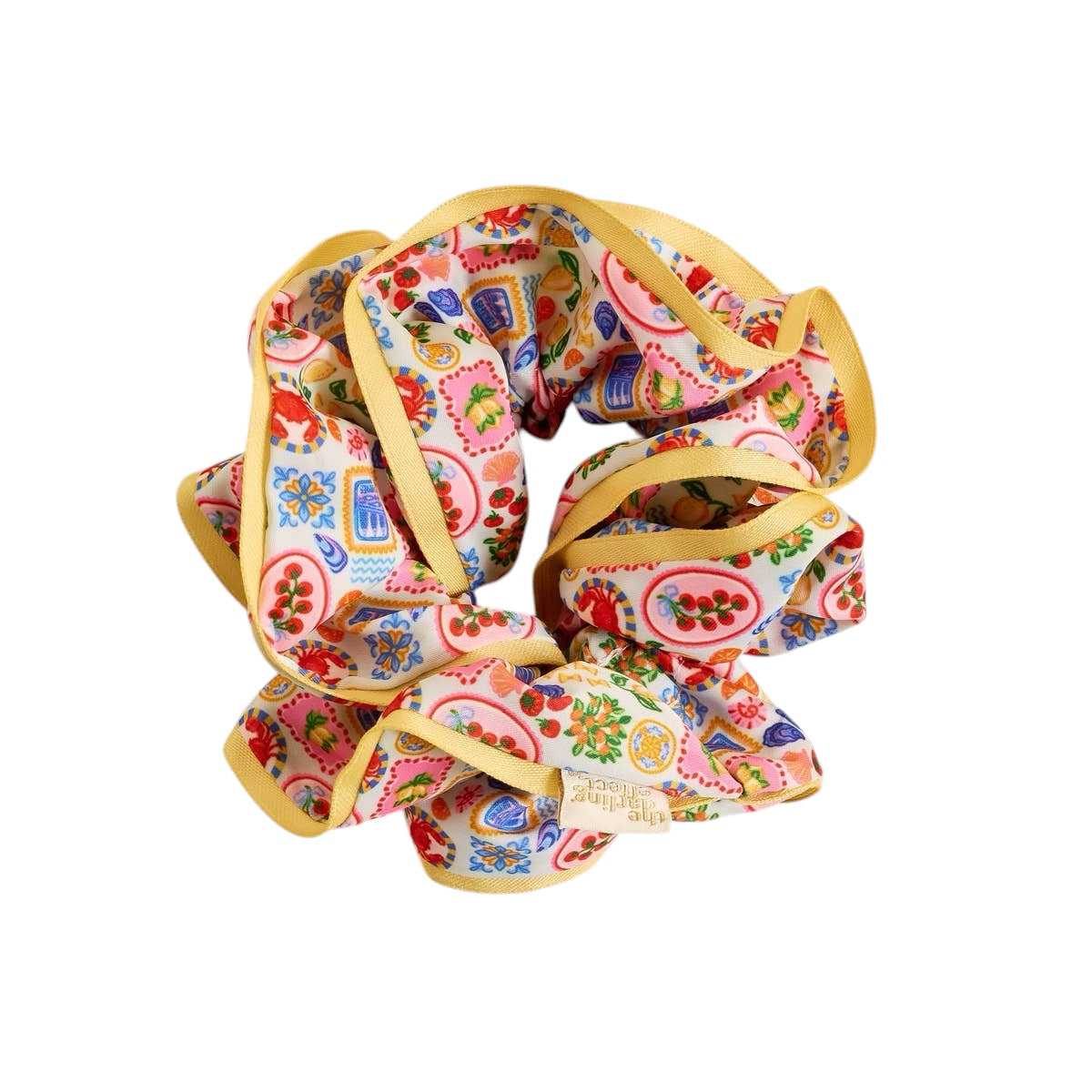 Colorful patterned scrunchie on a white background