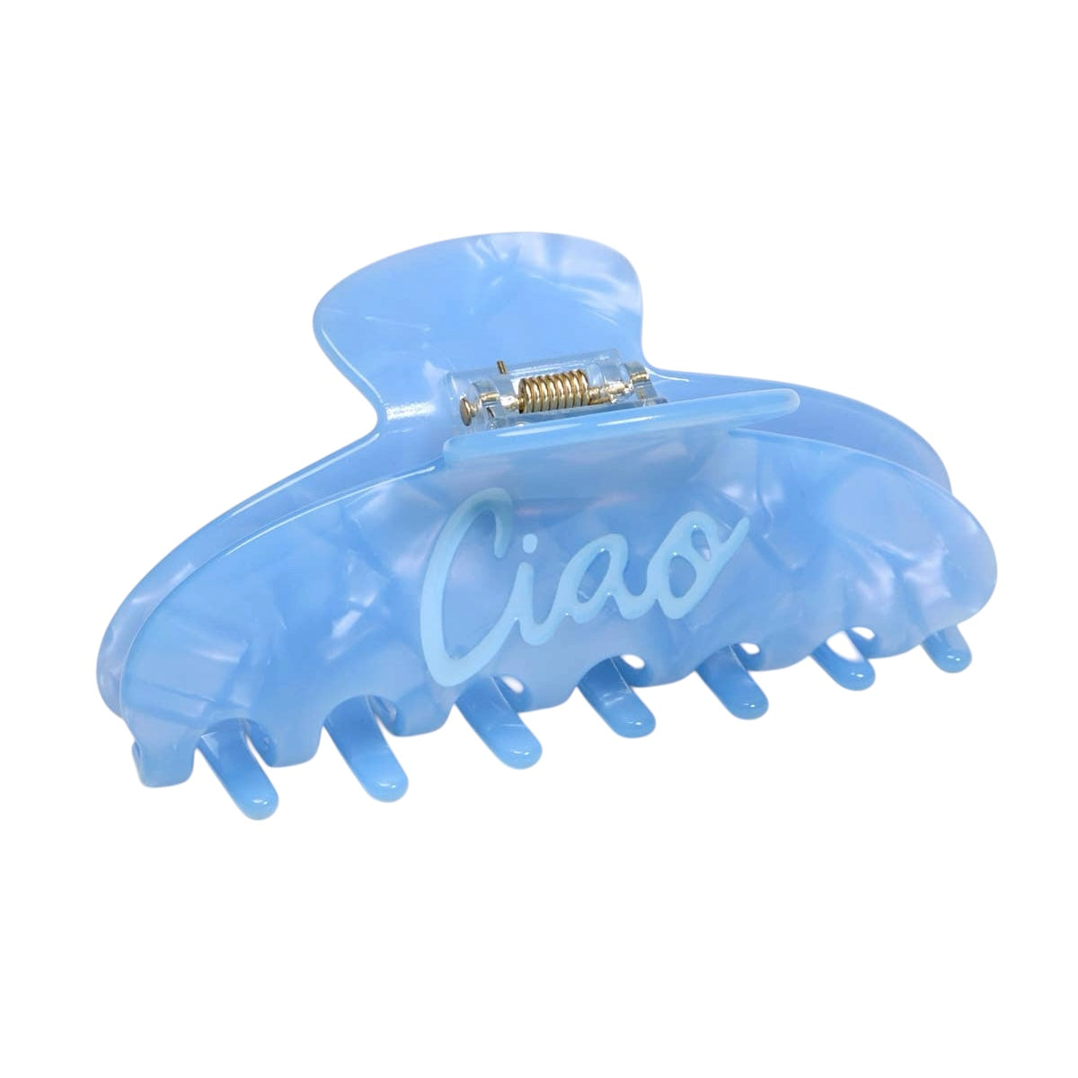 Blue hair clip with 'Ciao' text on a white background