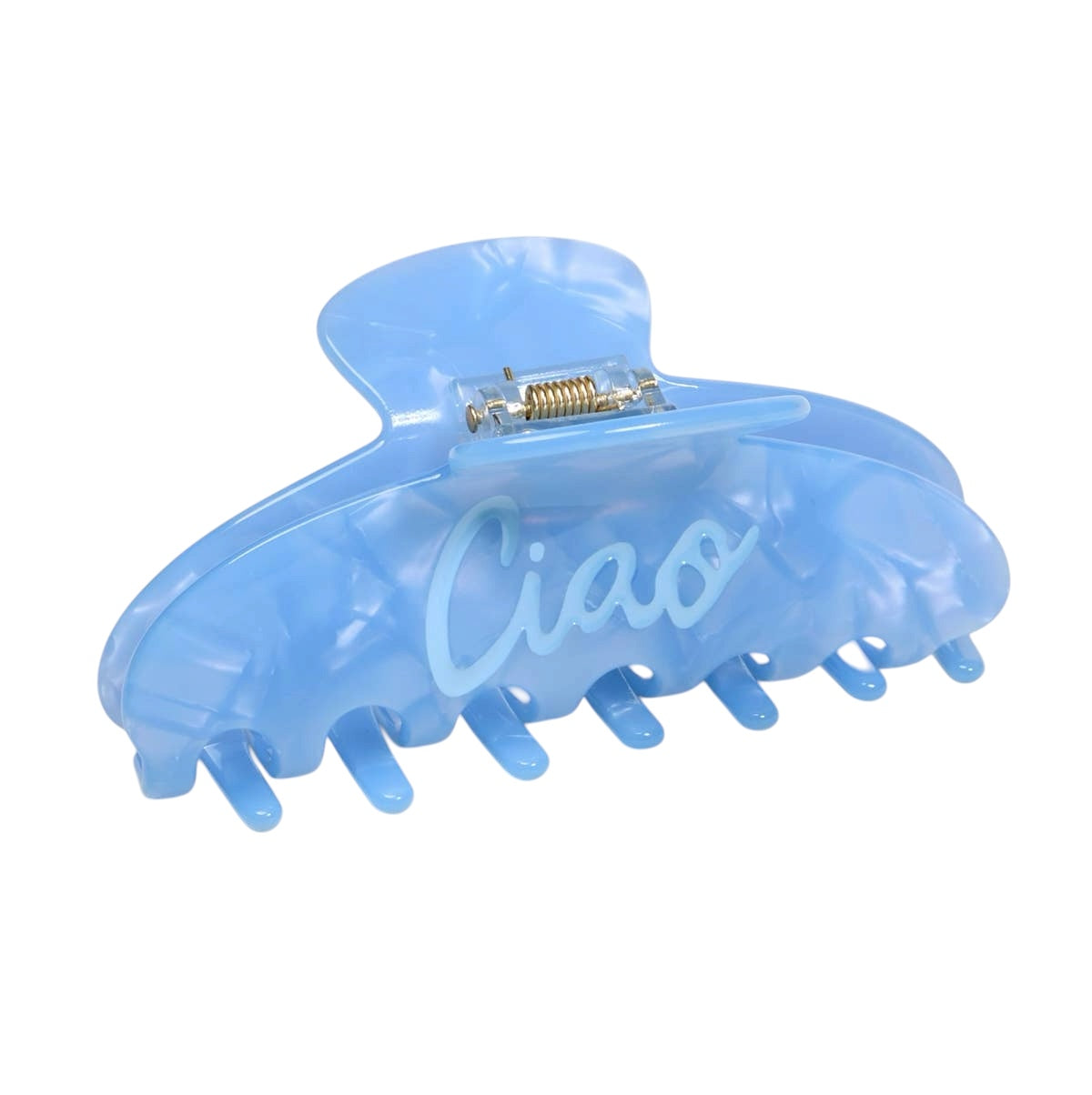 Blue hair clip with 'Ciao' text on a white background