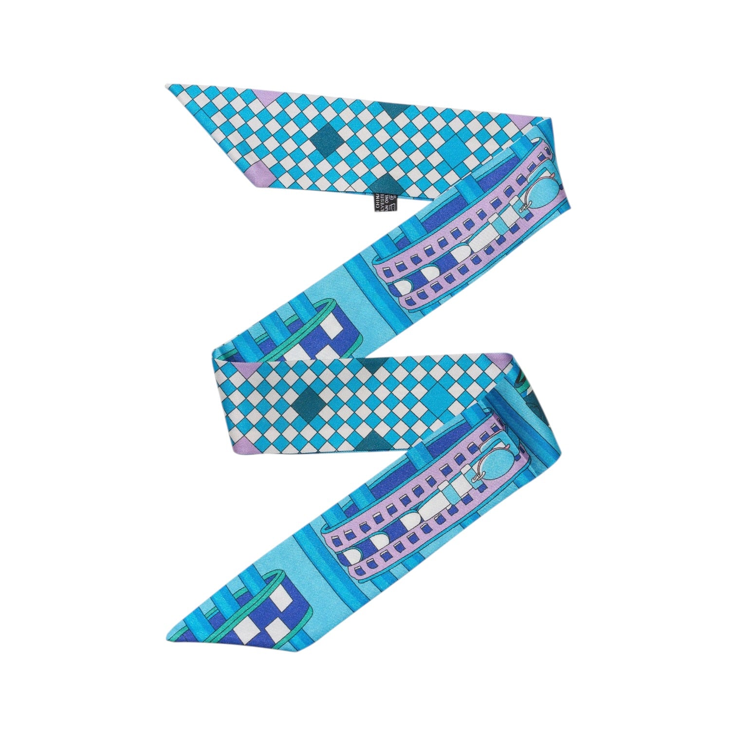 Colorful belt with a pattern of cars and checkered design on a white background