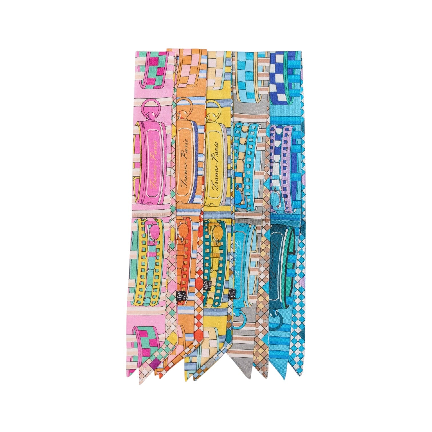 Colorful patterned scarf with geometric design on a white background