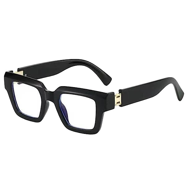 Black rectangular eyeglasses with gold accents on a white background