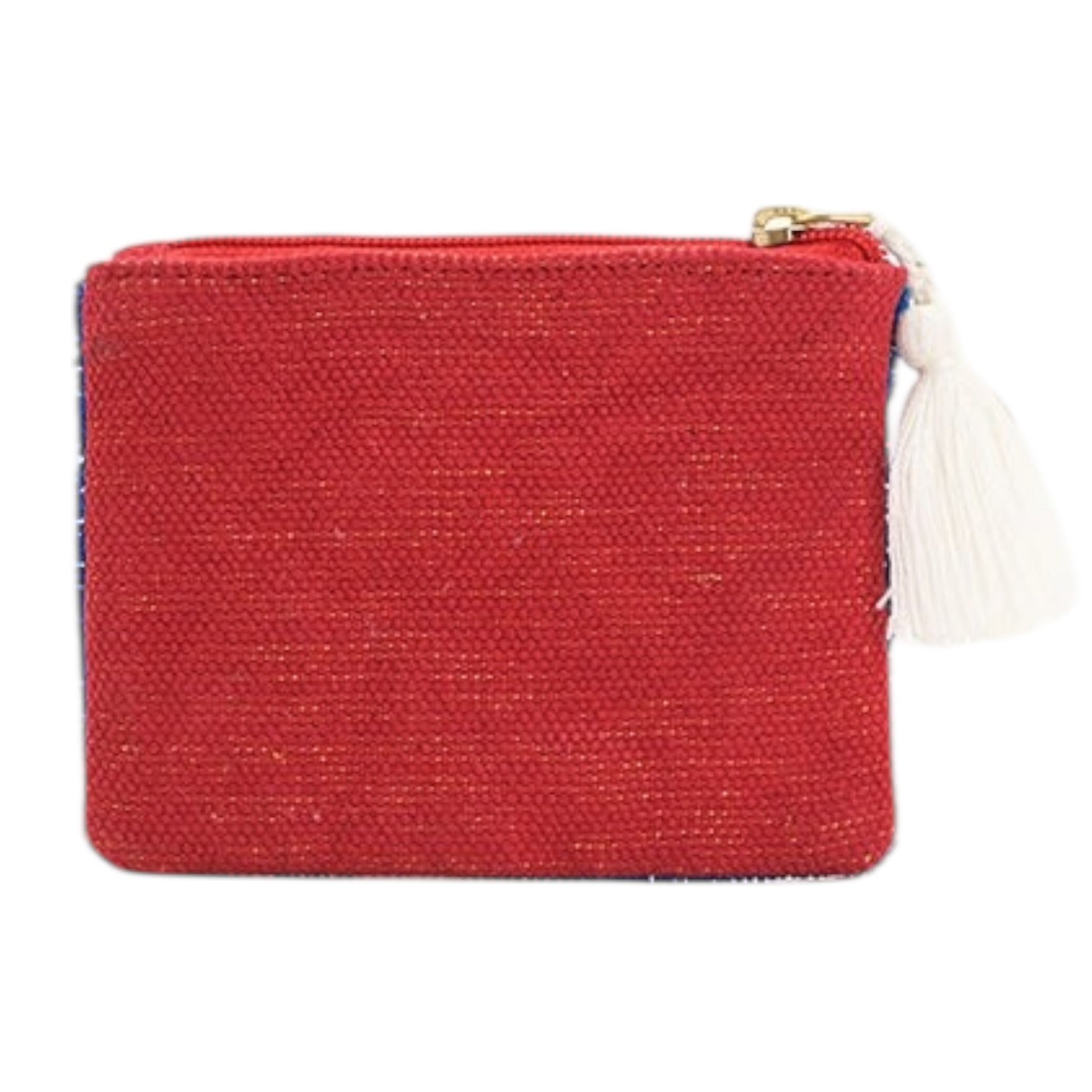 Red fabric pouch with a tassel on a white background