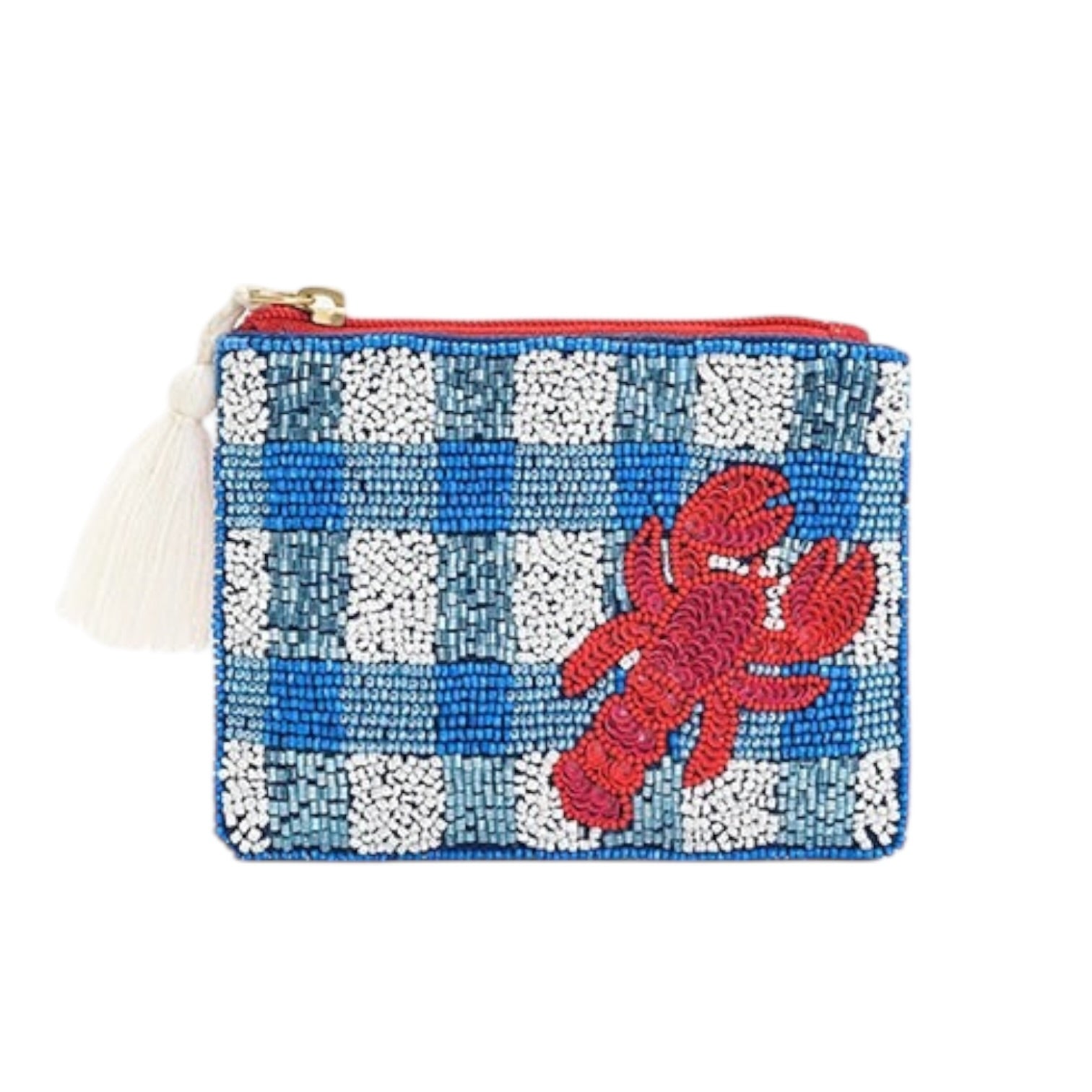 Beaded pouch with a red lobster design on a blue and white checkered background