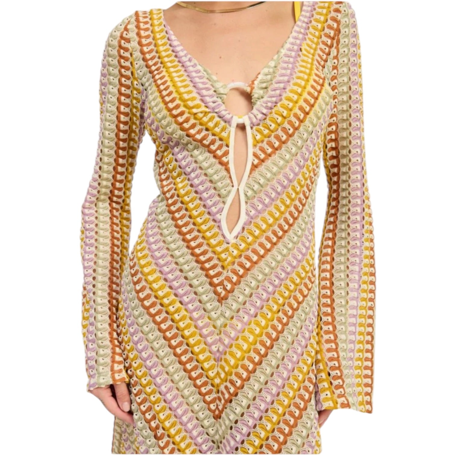 Colorful crochet dress with long sleeves on a white background