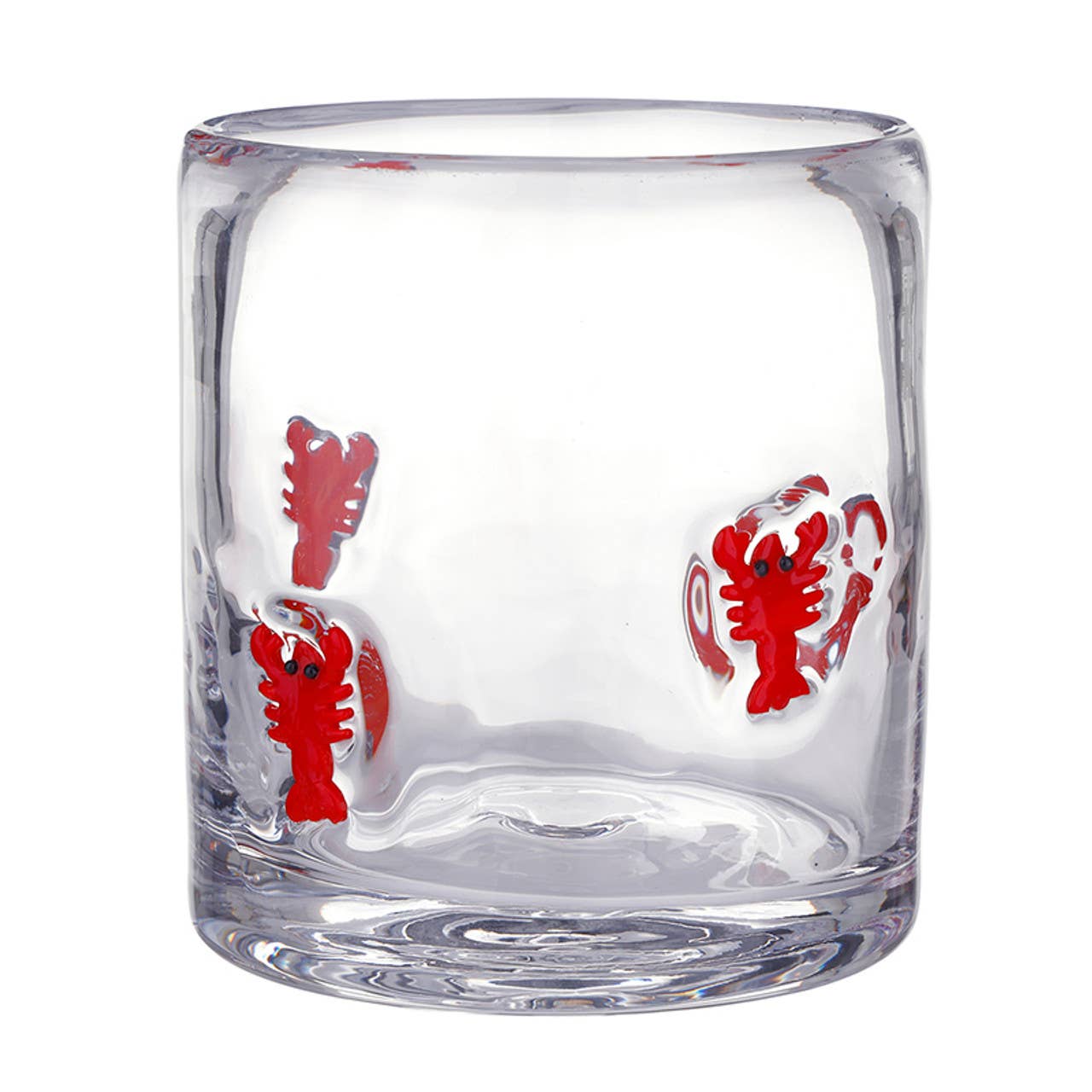 Clear glass tumbler with red lobster designs on a white background