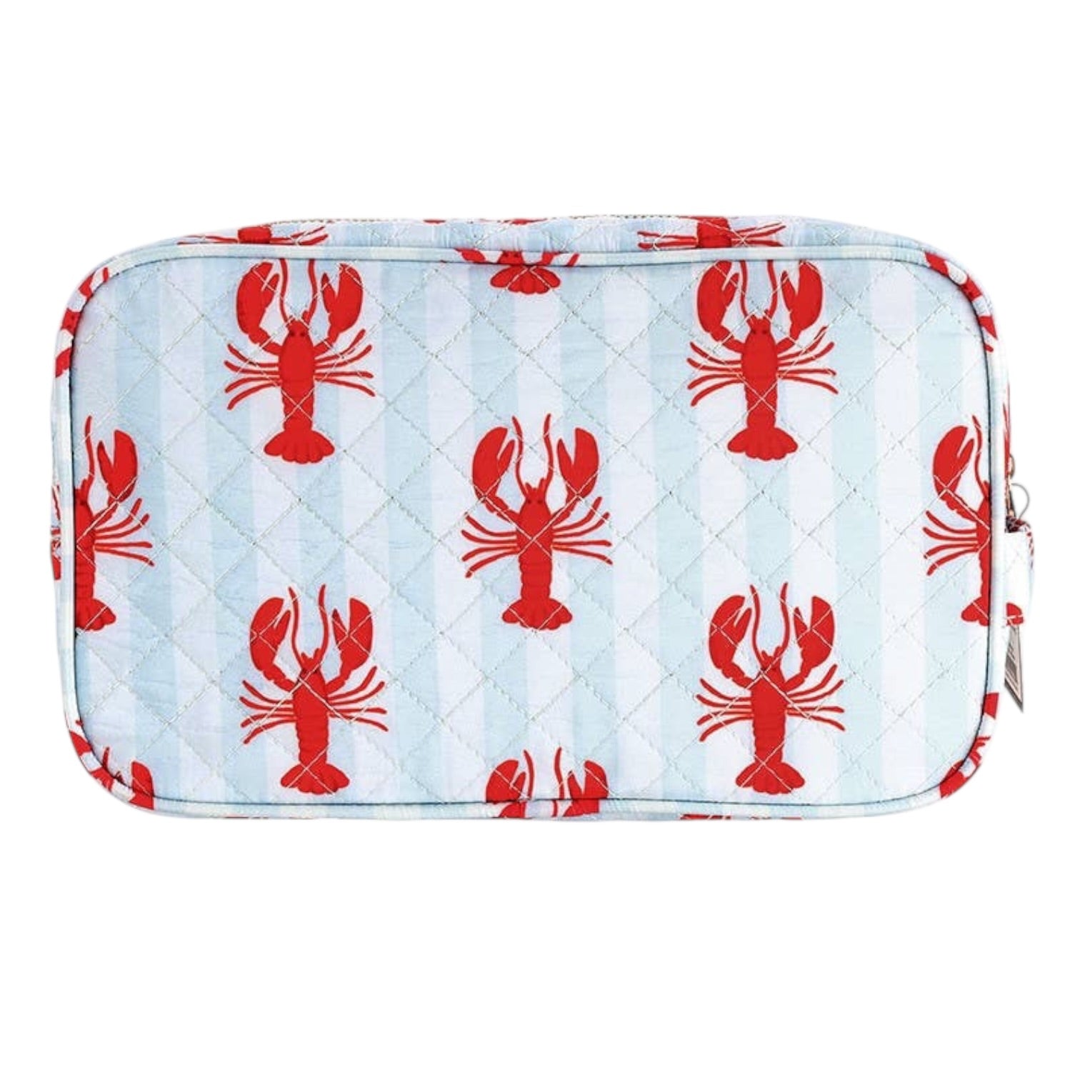 Quilted pouch with red lobster pattern on a light blue background