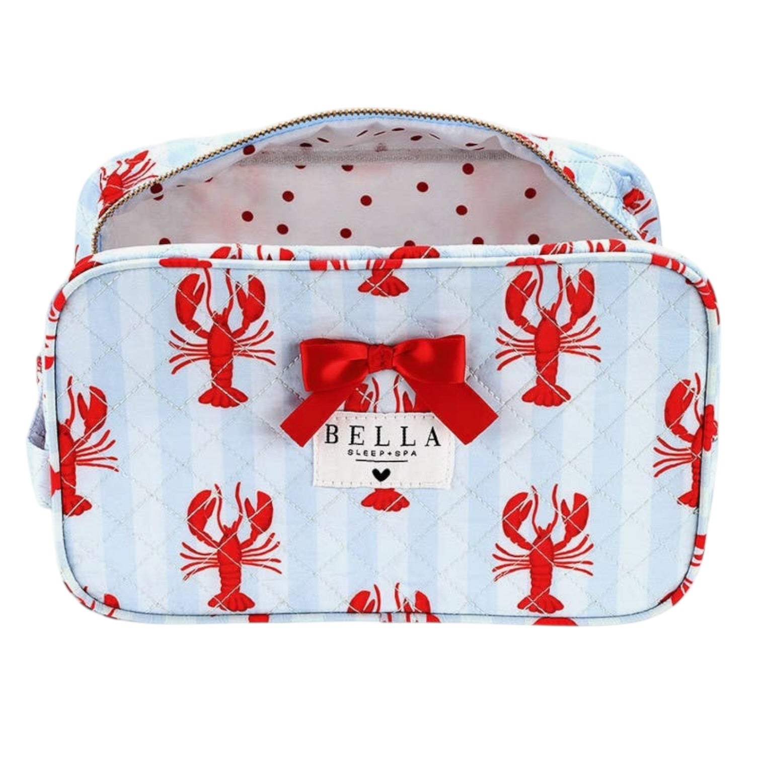 Cosmetic bag with red lobster pattern and Bella logo on a white background