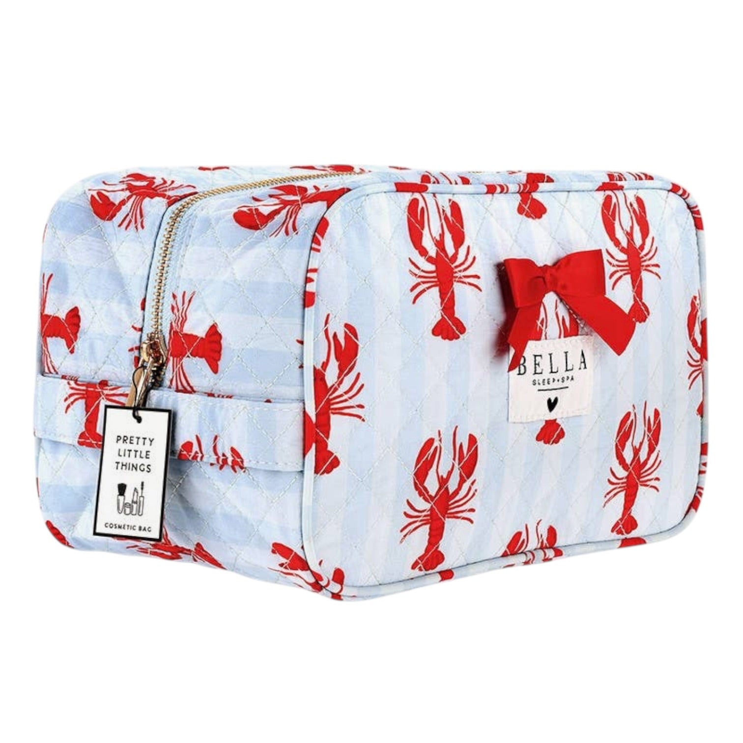 Cosmetic bag with red lobster pattern on a white background