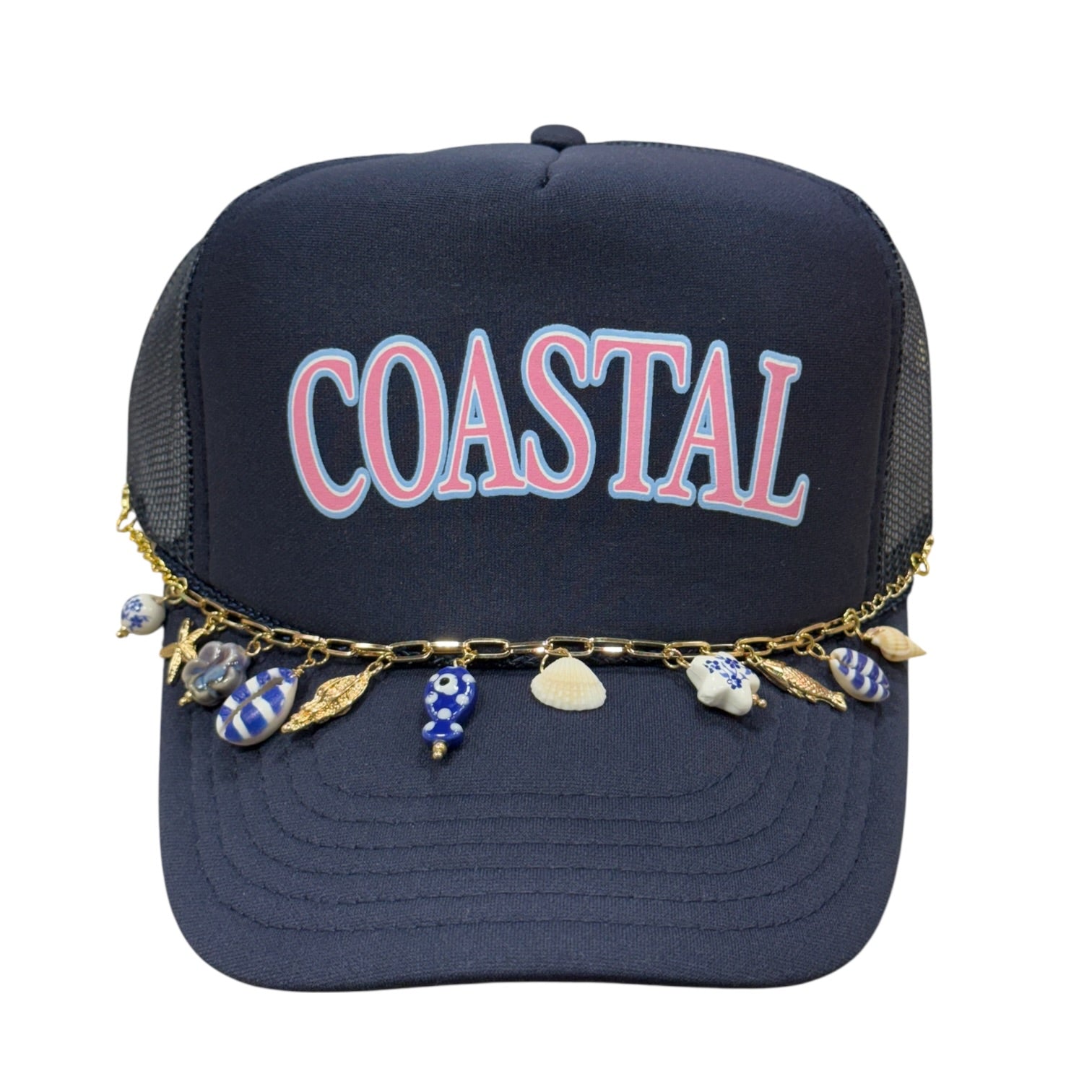Navy blue cap with 'COASTAL' text and charm necklace on a white background