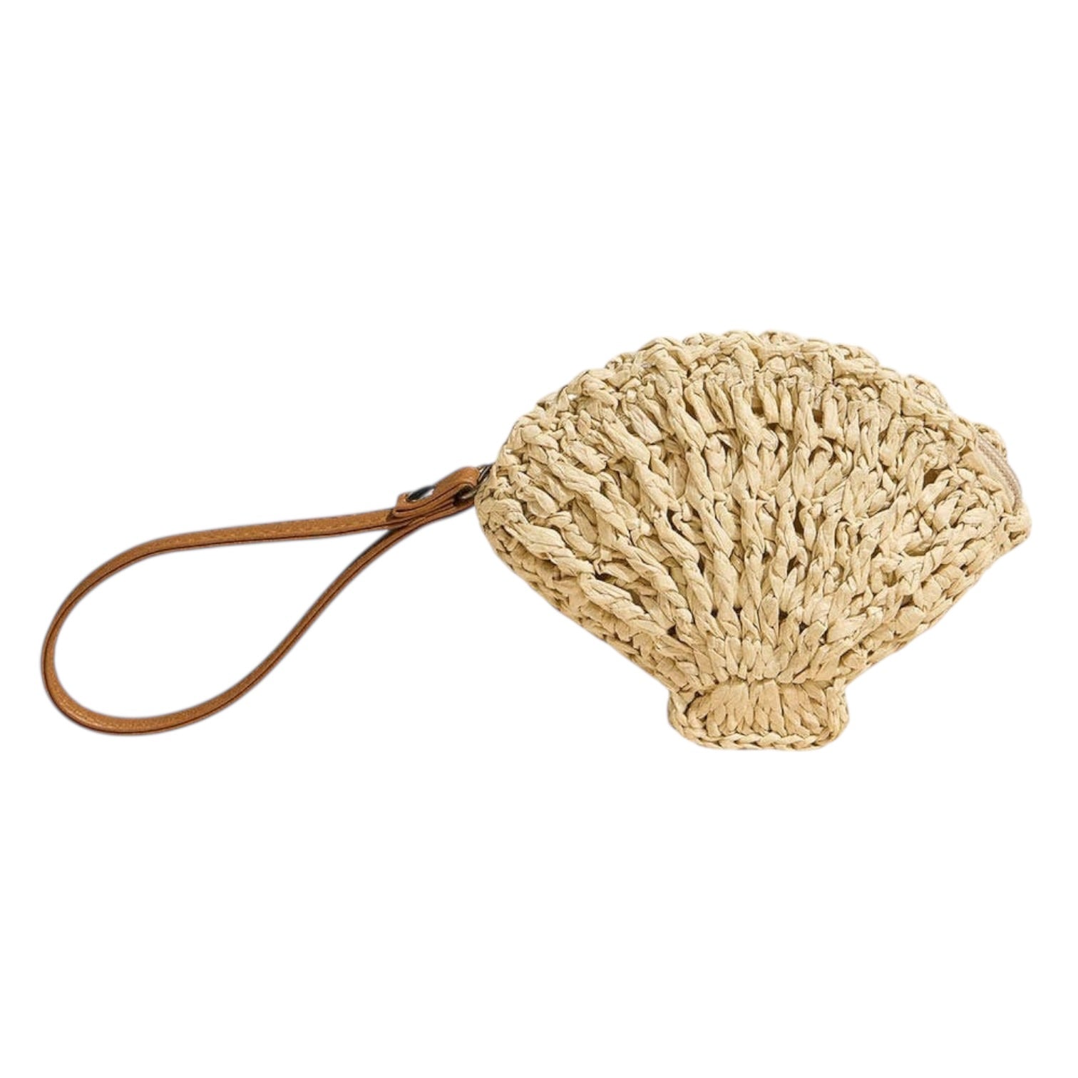 Shell-shaped woven clutch with a brown strap on a white background
