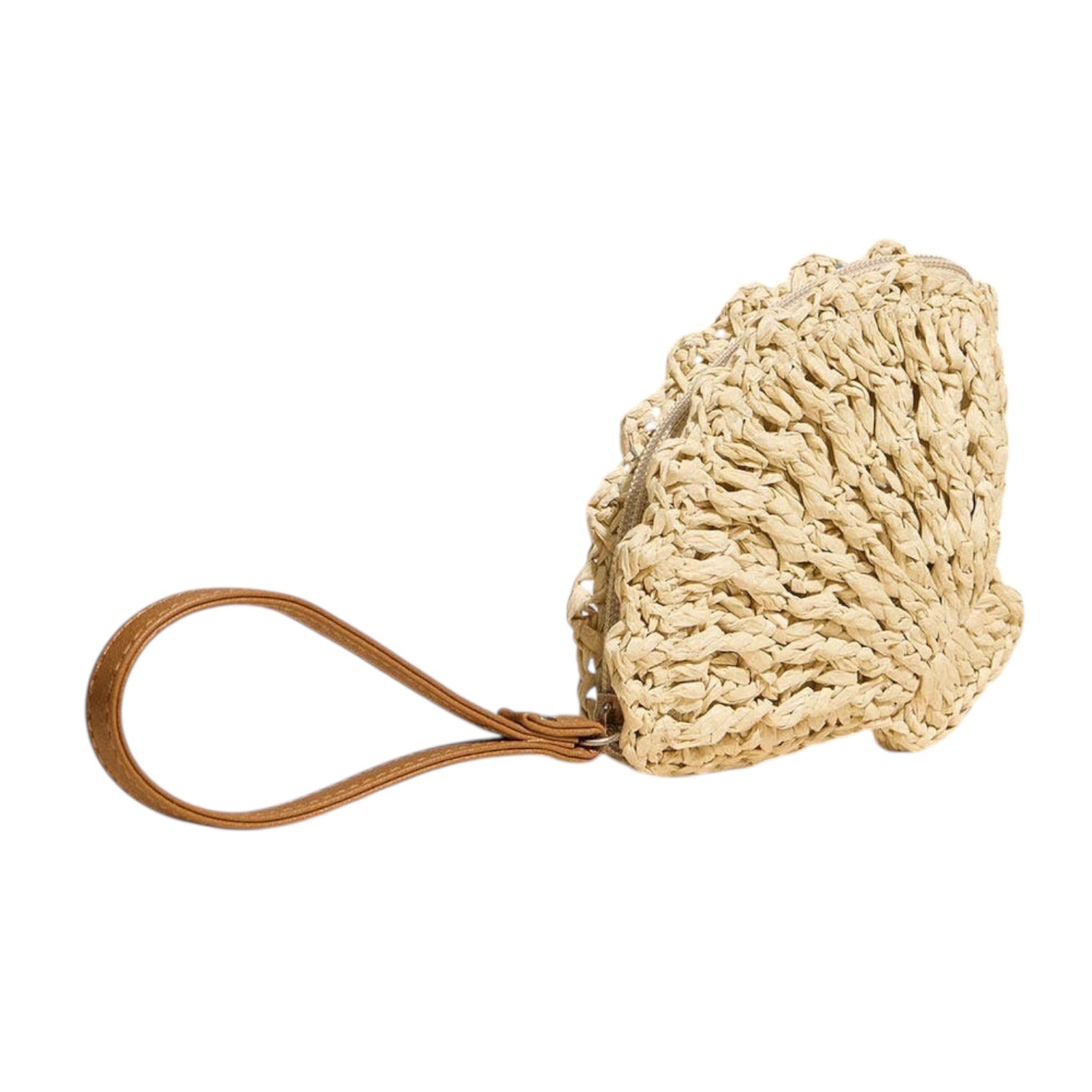 Beige woven bag with a brown handle on a white background