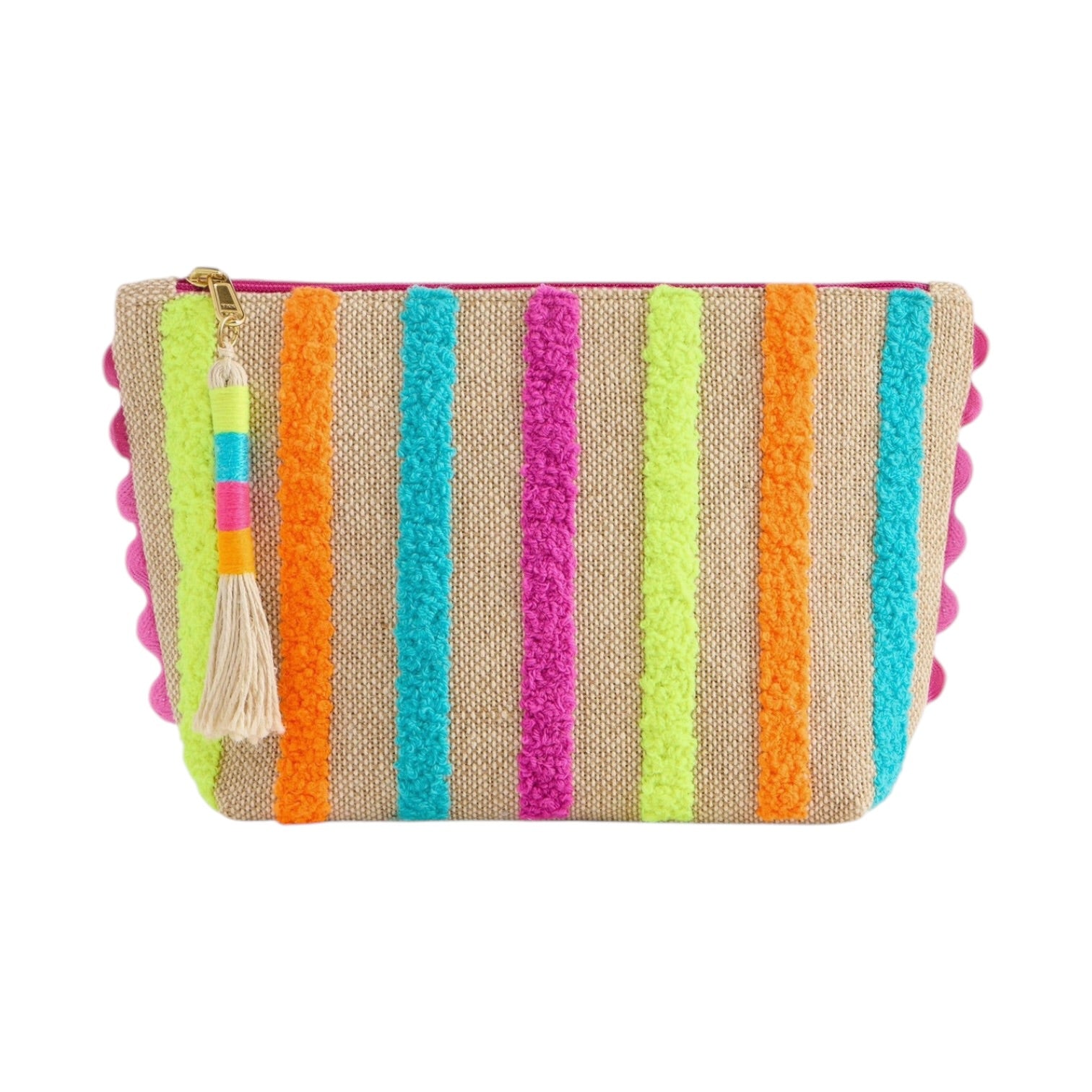 Colorful striped pouch with pom-pom details on a white background
