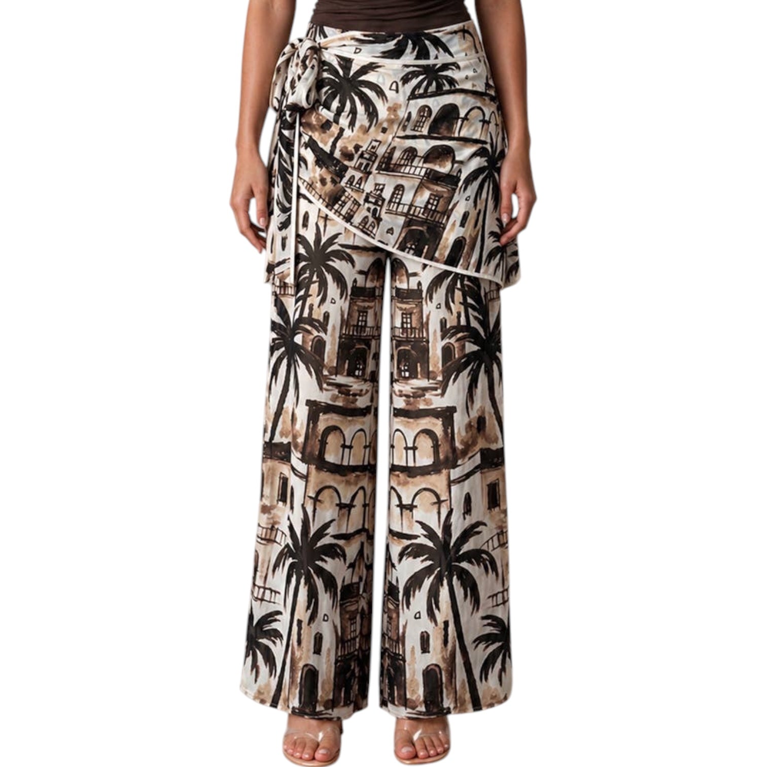 Wide-leg pants with a palm tree and building pattern on a white background