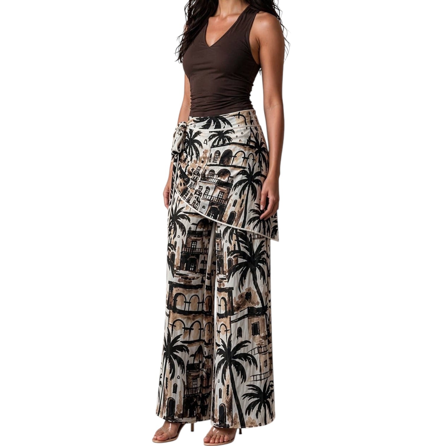 Woman wearing a patterned skirt with palm tree and building design on a white background