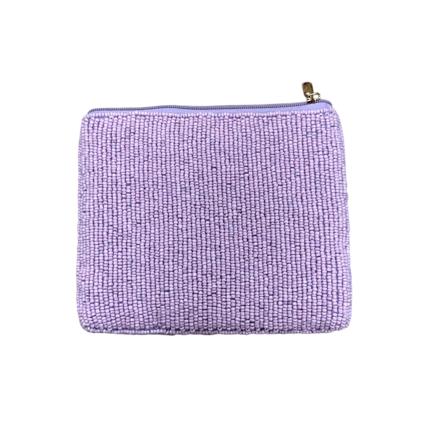 Purple textured pouch with a gold zipper on a white background