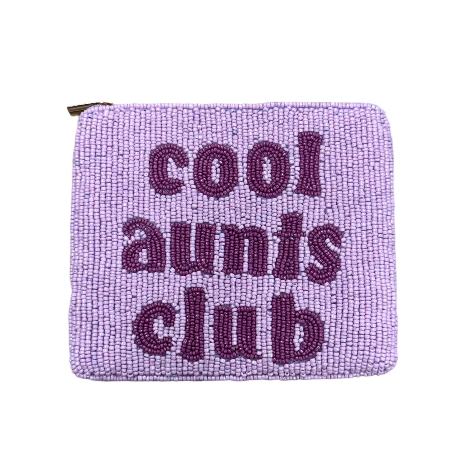 Purple beaded pouch with 'cool aunts club' text on a white background
