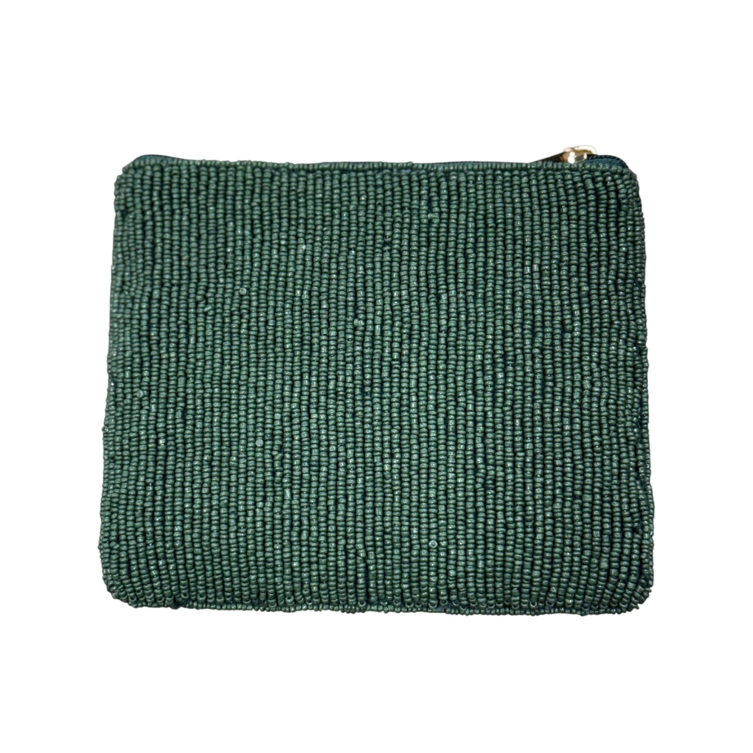Green beaded pouch on a white background