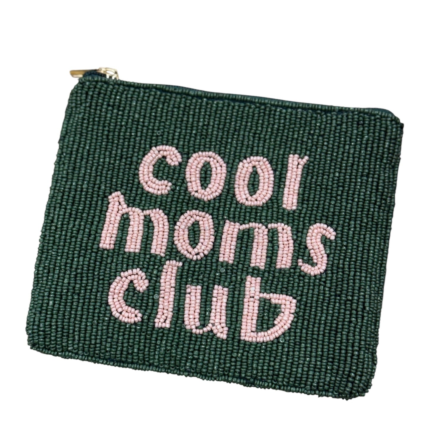 Green beaded pouch with 'Cool Moms Club' text on a white background