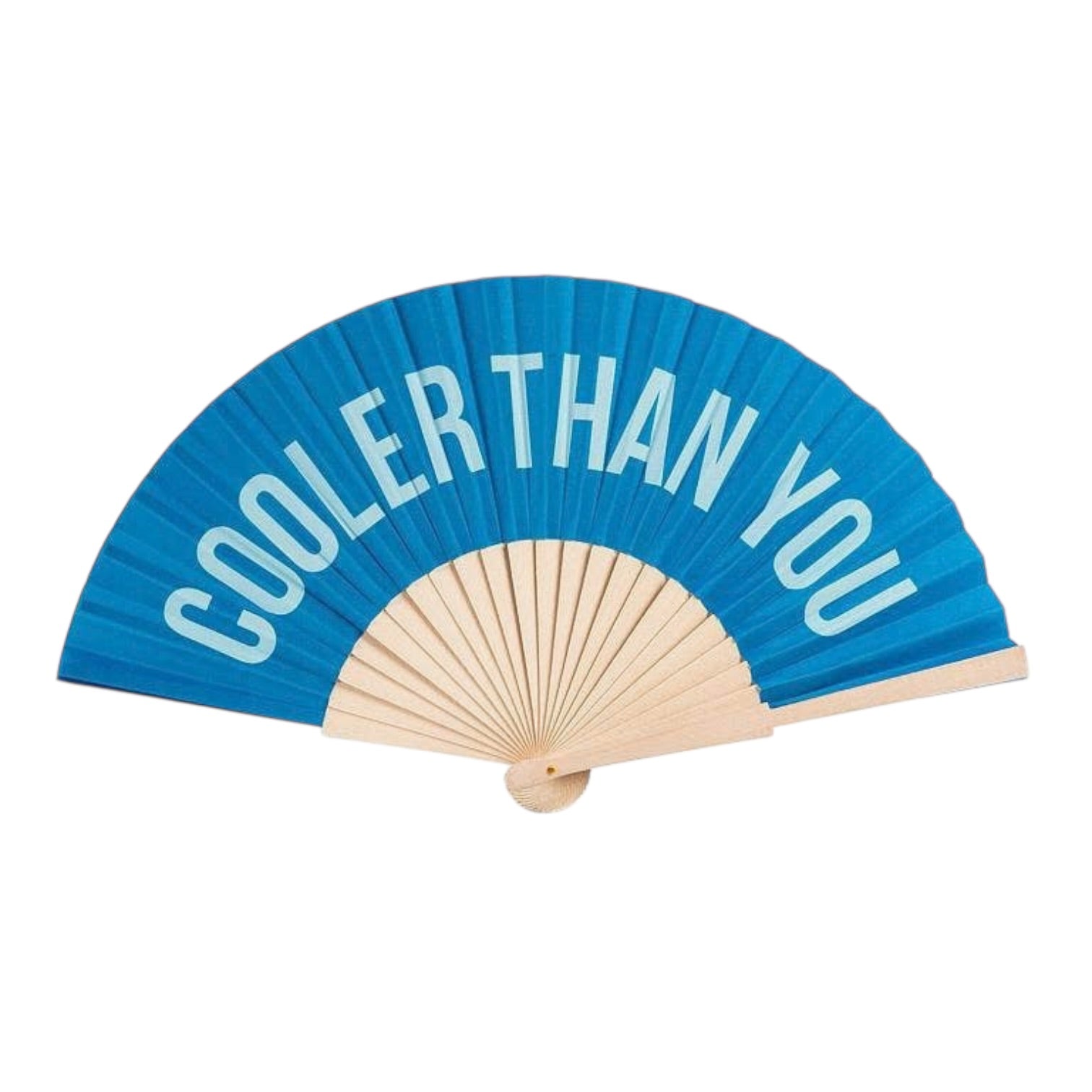 Blue hand fan with 'COOLER THAN YOU' text on a white background