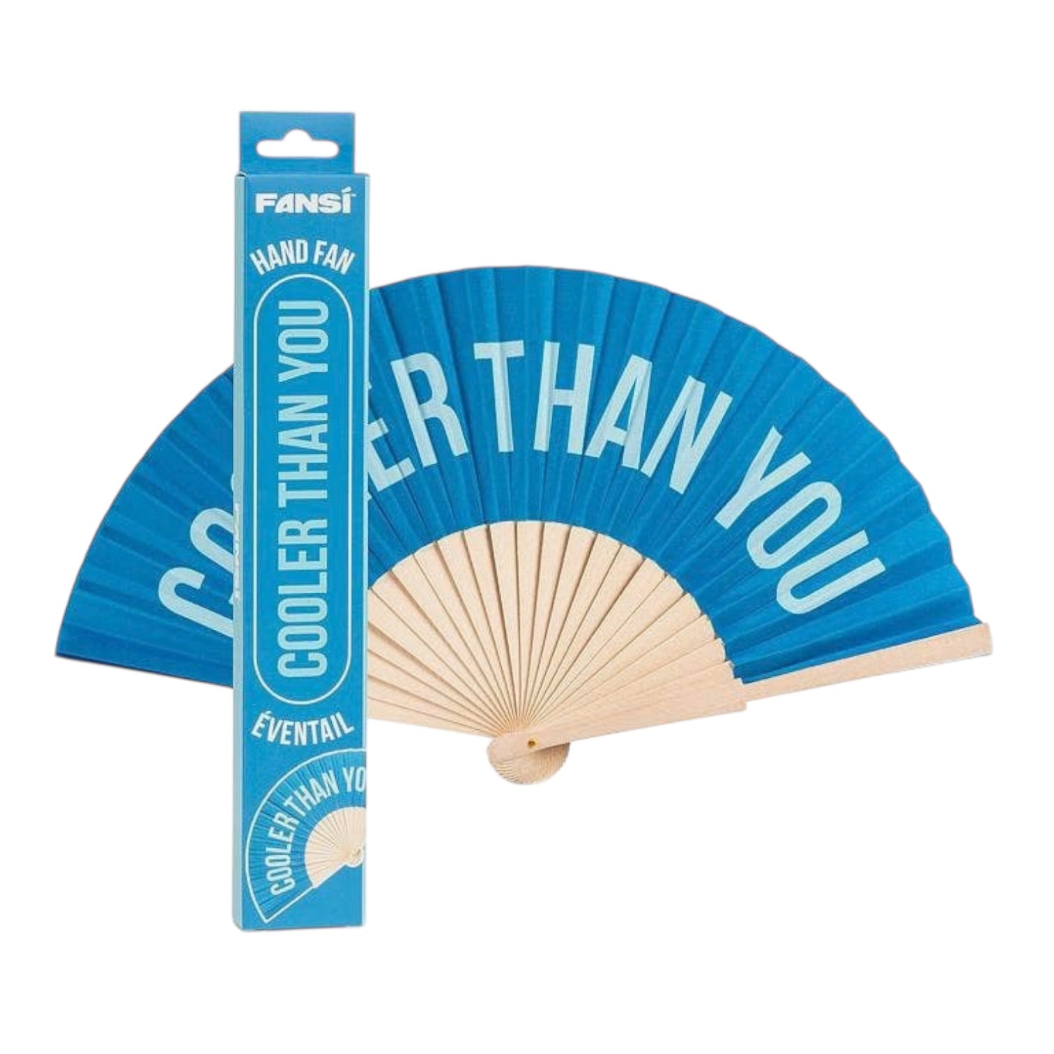 Blue hand fan with 'Cooler Than You' text and packaging on a white background