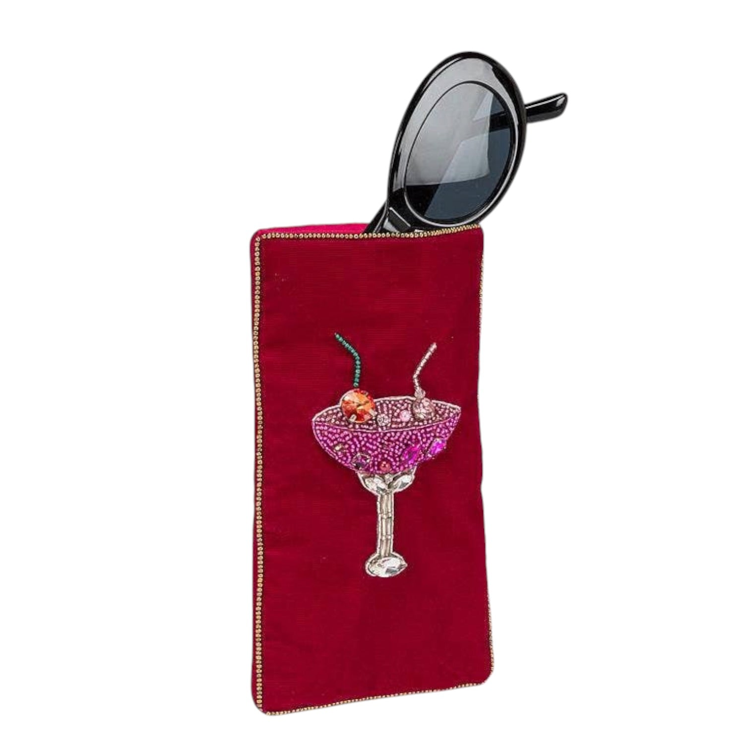Red sunglasses case with cocktail design on a white background