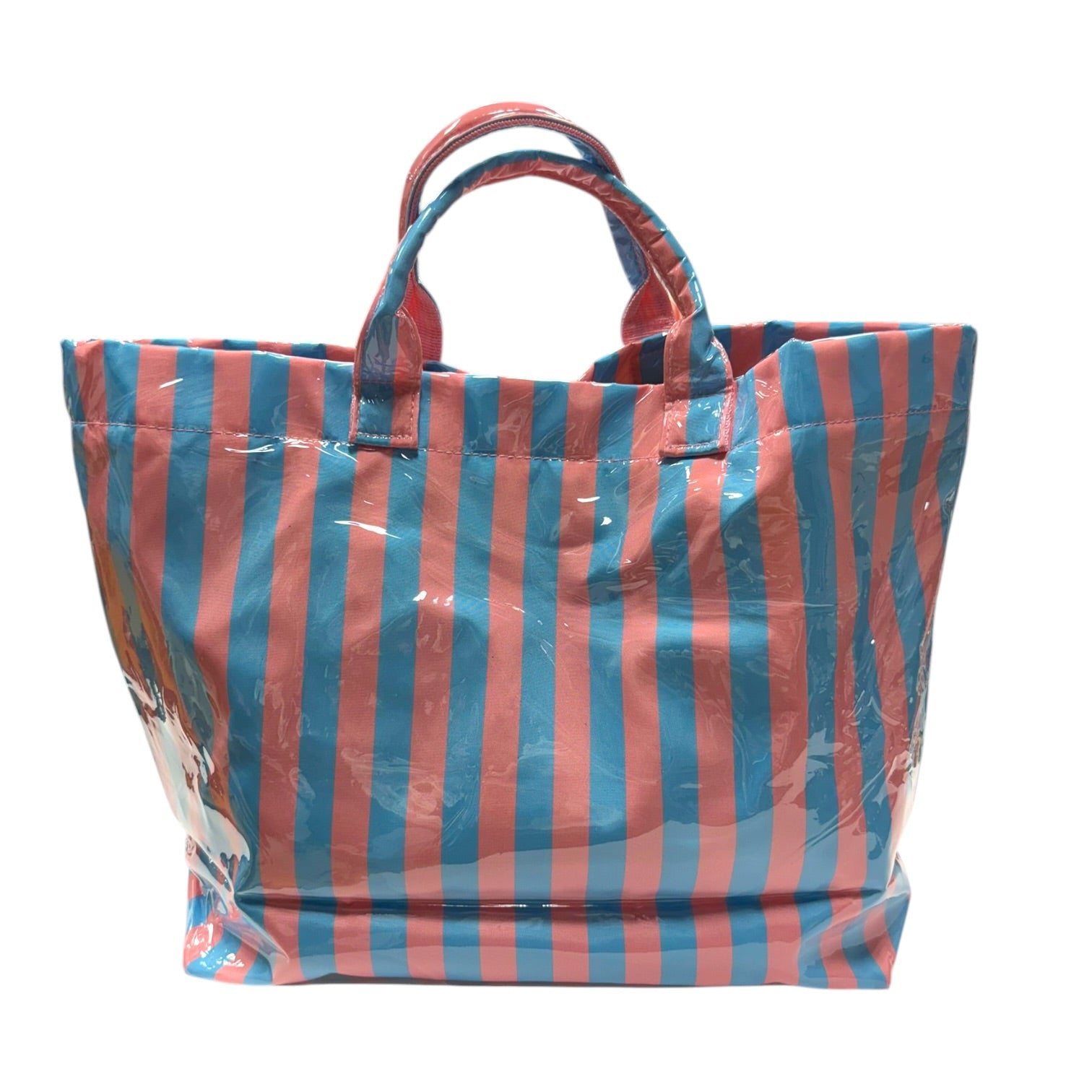 Striped tote bag with red and blue horizontal stripes on a white background