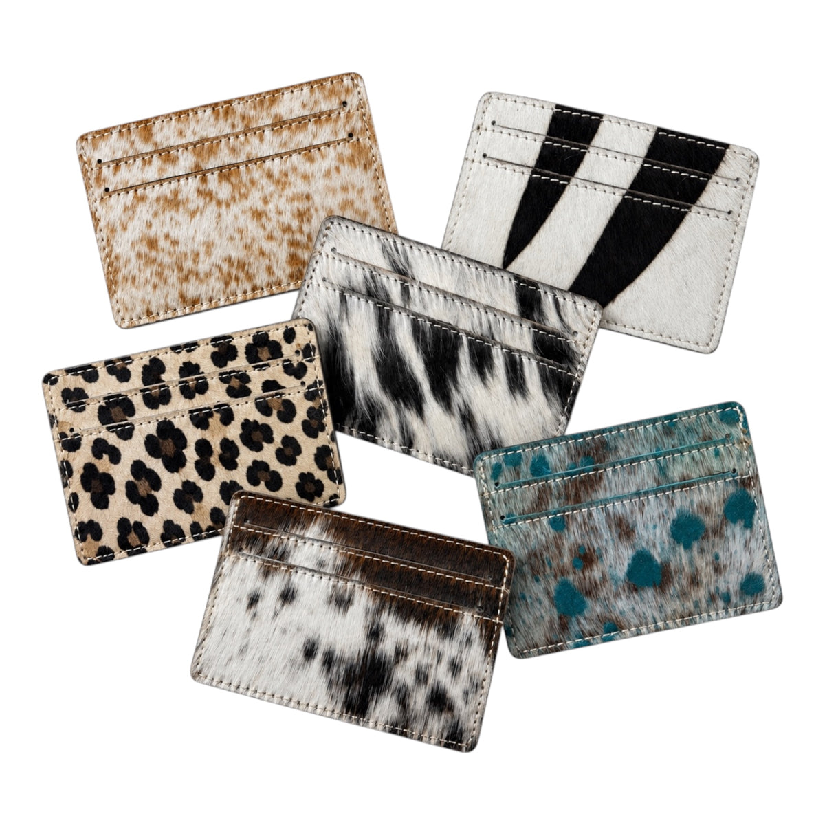 Six cardholder wallets with different animal print patterns (leopard, zebra, cowhide, and mottled blue/white) arranged on a solid white background.