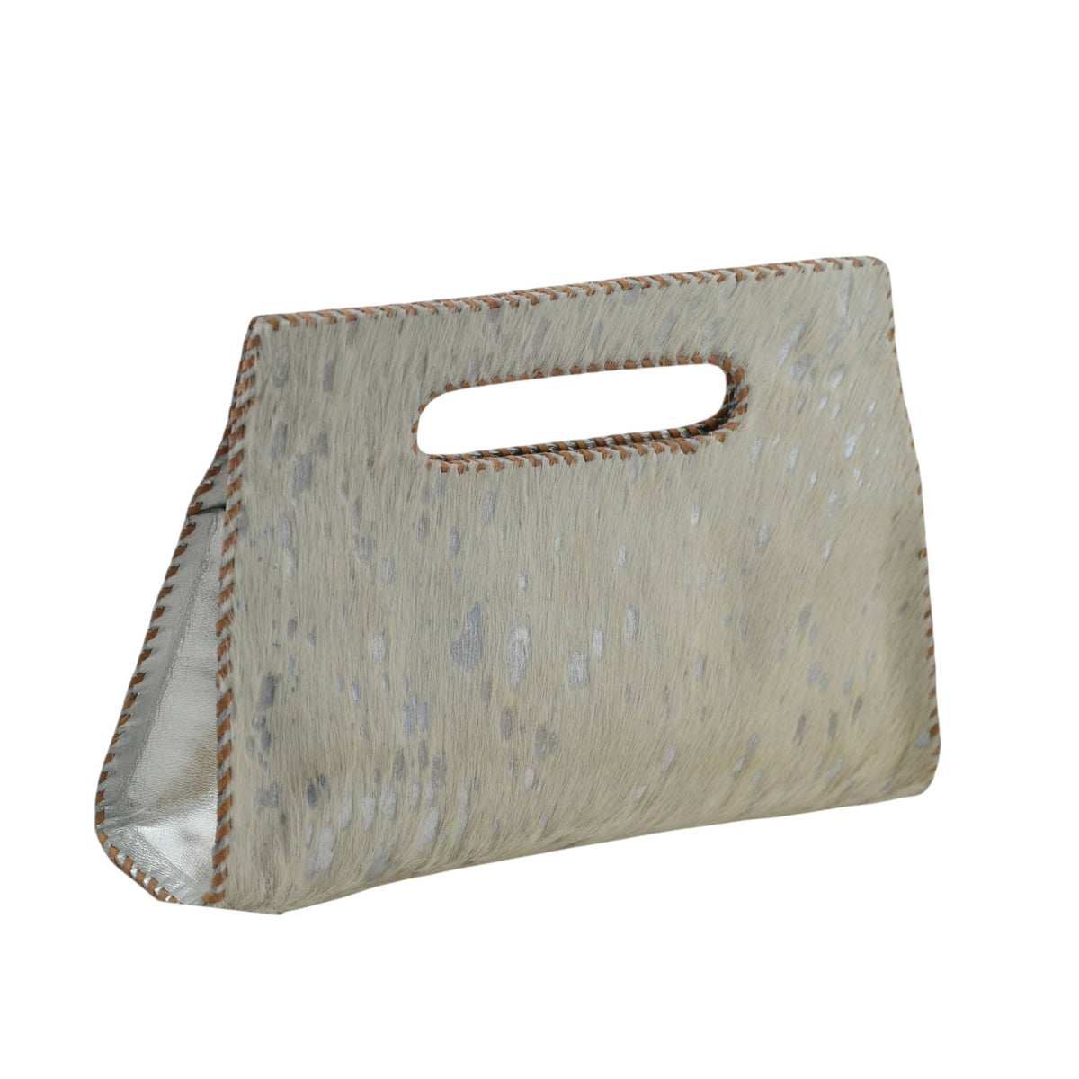 A structured handbag made from textured cowhide with a cutout handle, featuring light brown contrast stitching along the edges, shown on a plain white background.