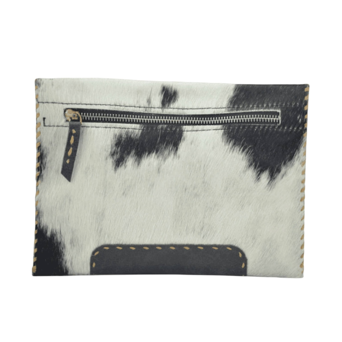 A small zippered pouch or card holder made from black-and-white cowhide with contrast tan stitching and a dark leather tab on the zipper pull, shown on a plain white background.