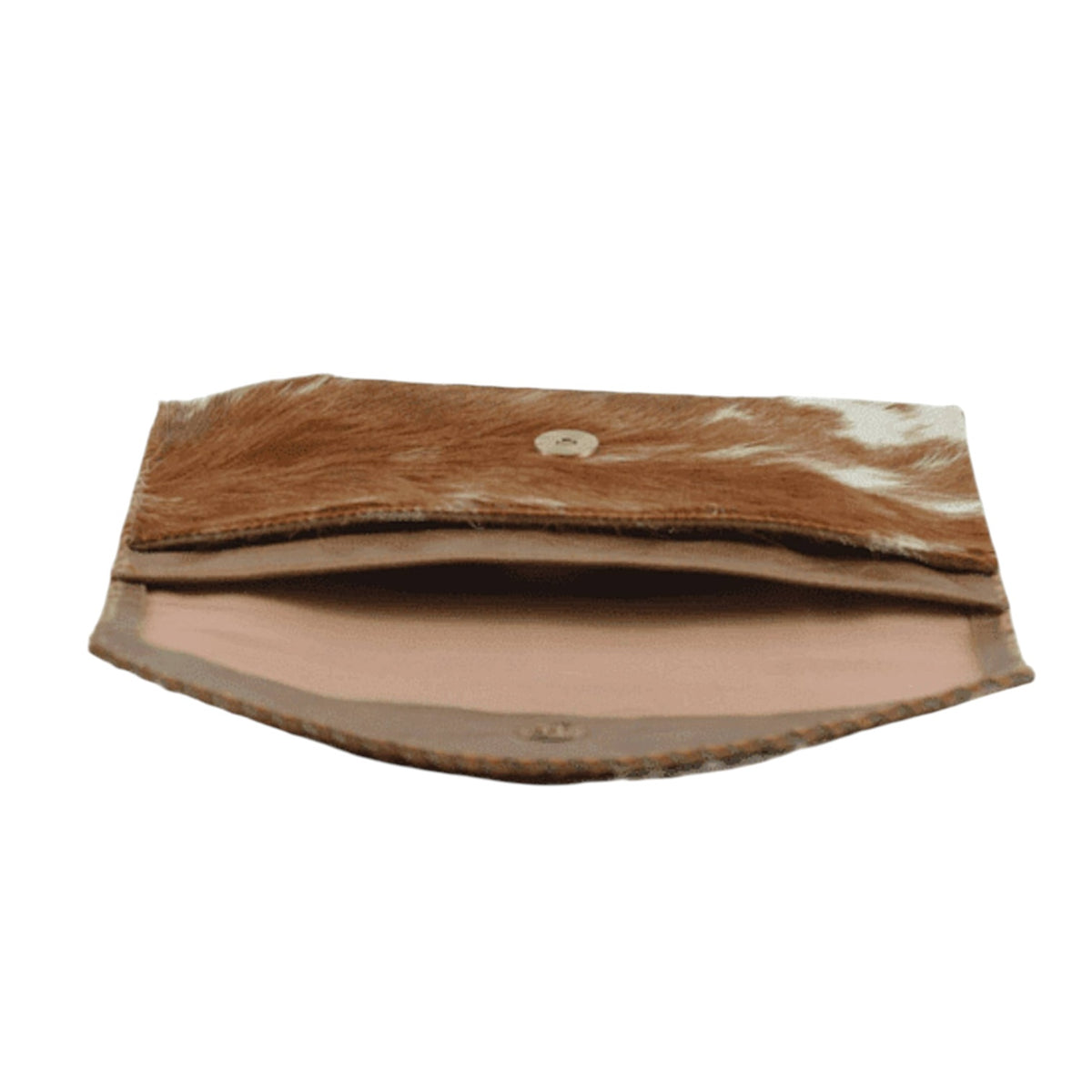 A brown and white cowhide wallet or clutch shown open against a plain white background.