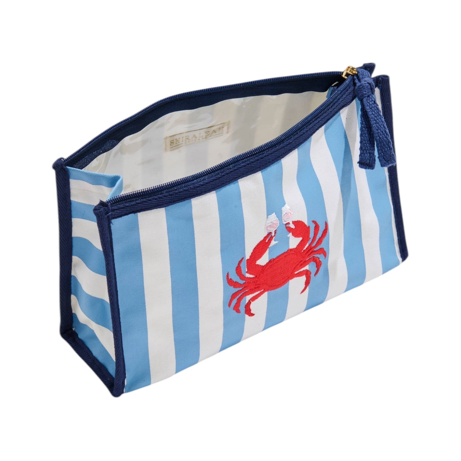 Striped pouch with a red crab design on a white background