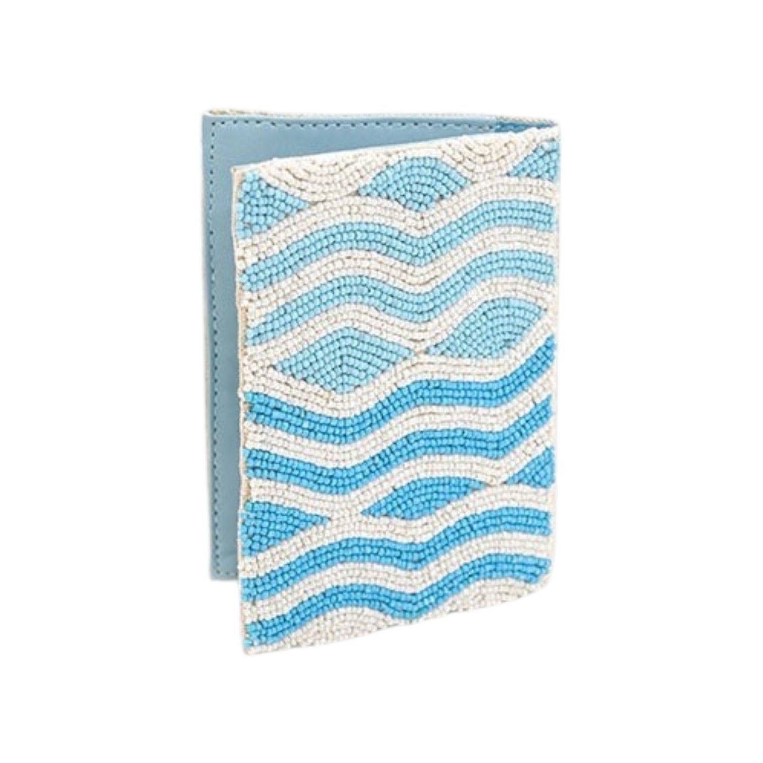 Cardholder with blue and white wave pattern on a white background
