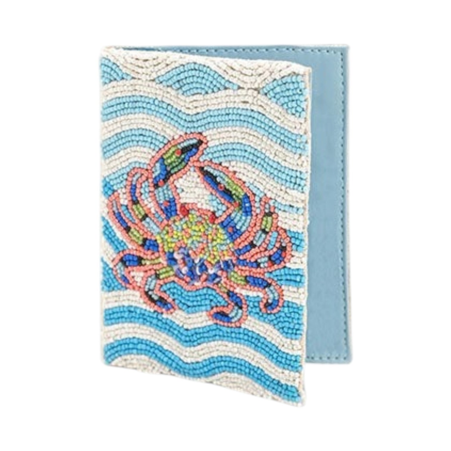 Decorative card with a colorful crab design on a wavy patterned background