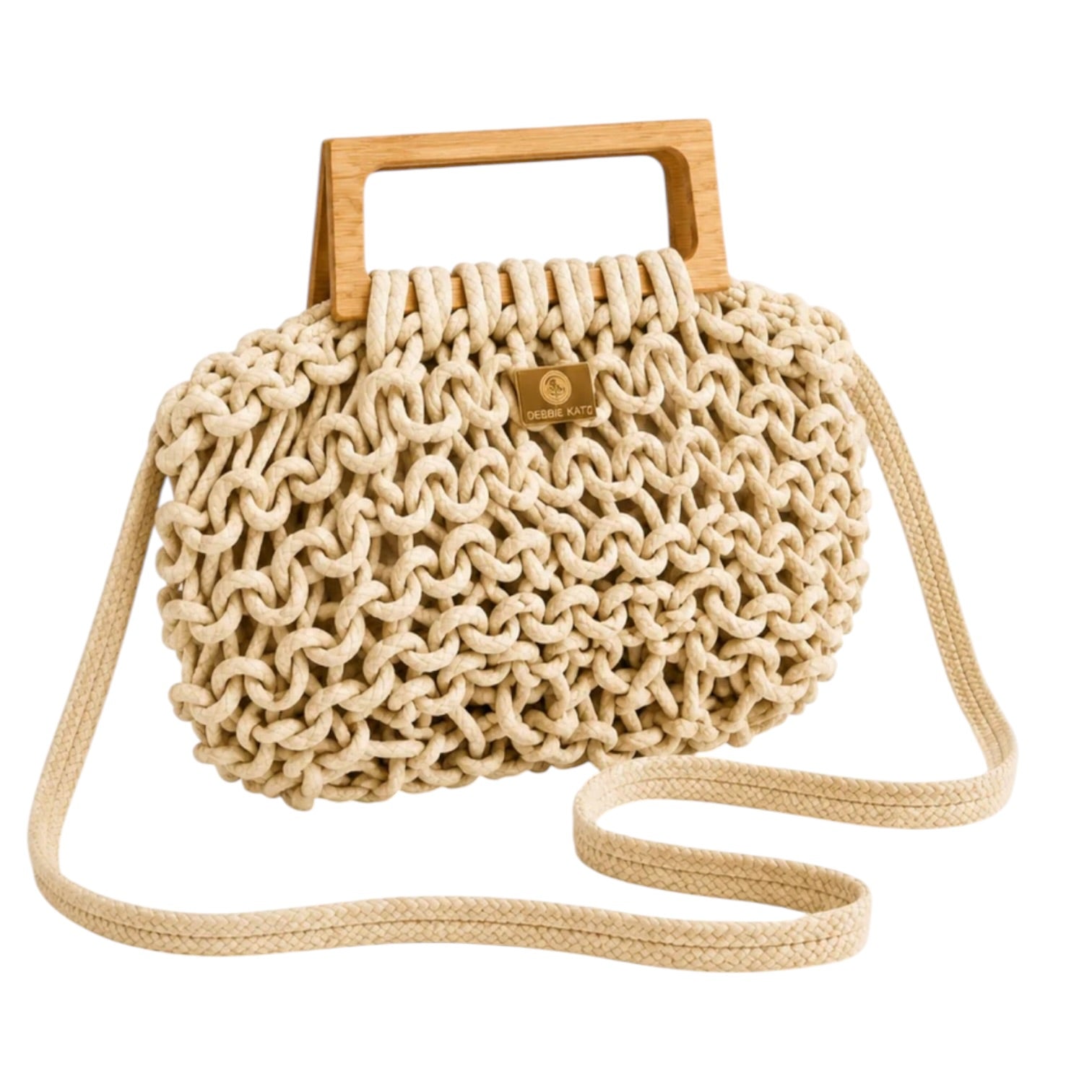 Beige woven handbag with wooden handle on a white background