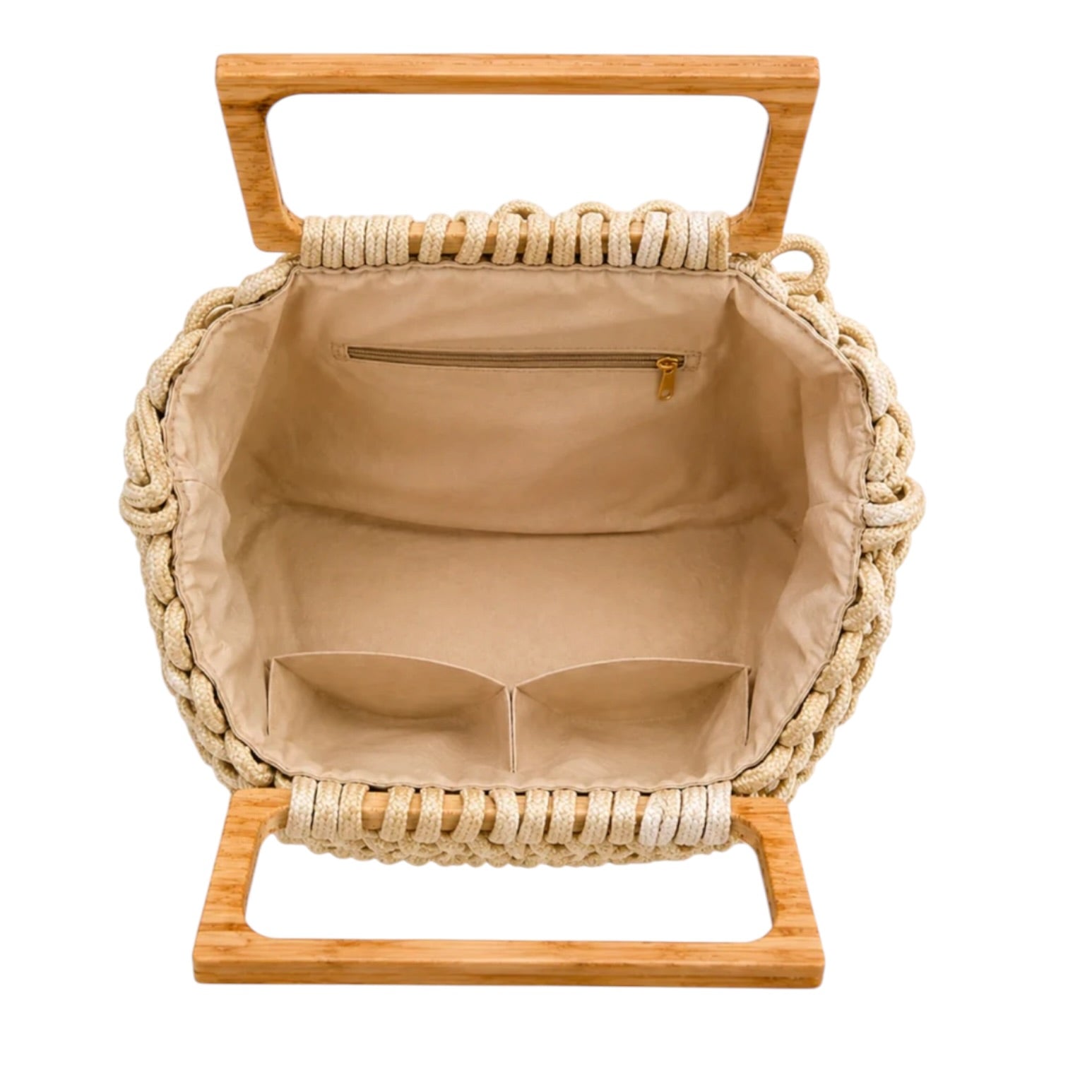 Woven handbag with wooden handle and stand on a white background