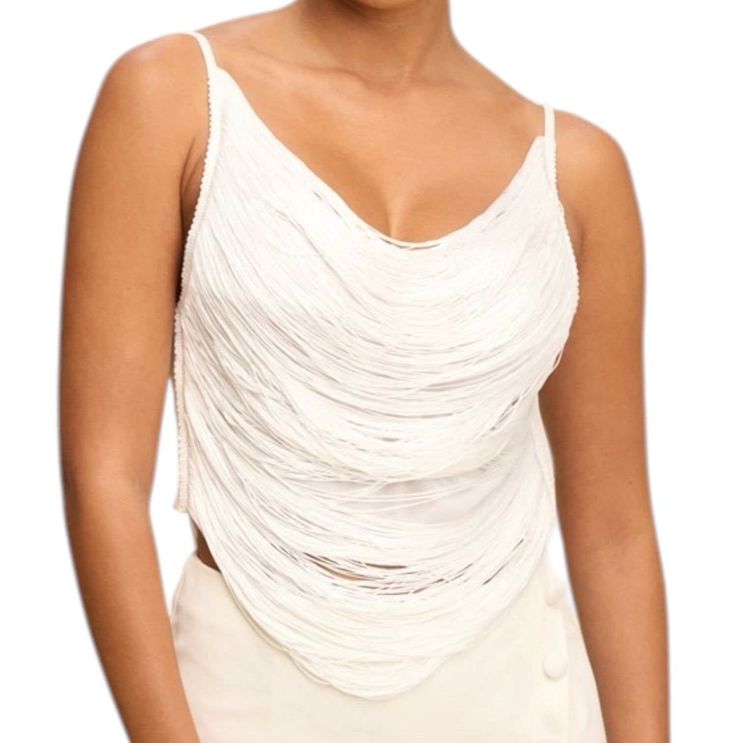White ruched top worn by a person on a white background