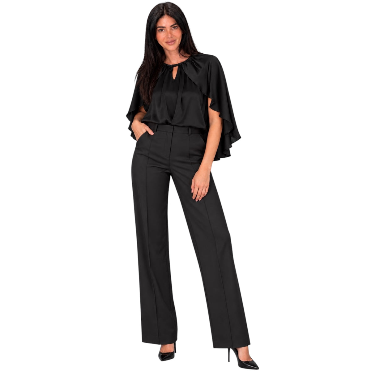 A woman modeling a black two-piece outfit consisting of a short-sleeve blouse with flutter sleeves and keyhole neckline, paired with high-waisted black wide-leg trousers, on a solid white background.