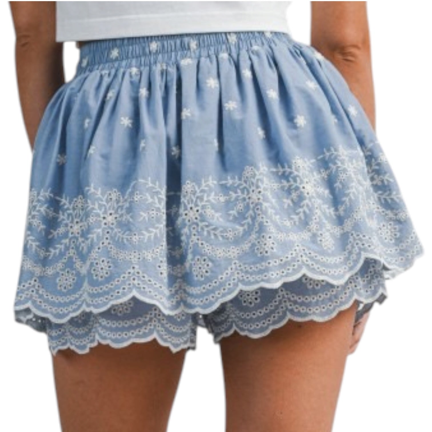Blue lace shorts worn by a person on a white background