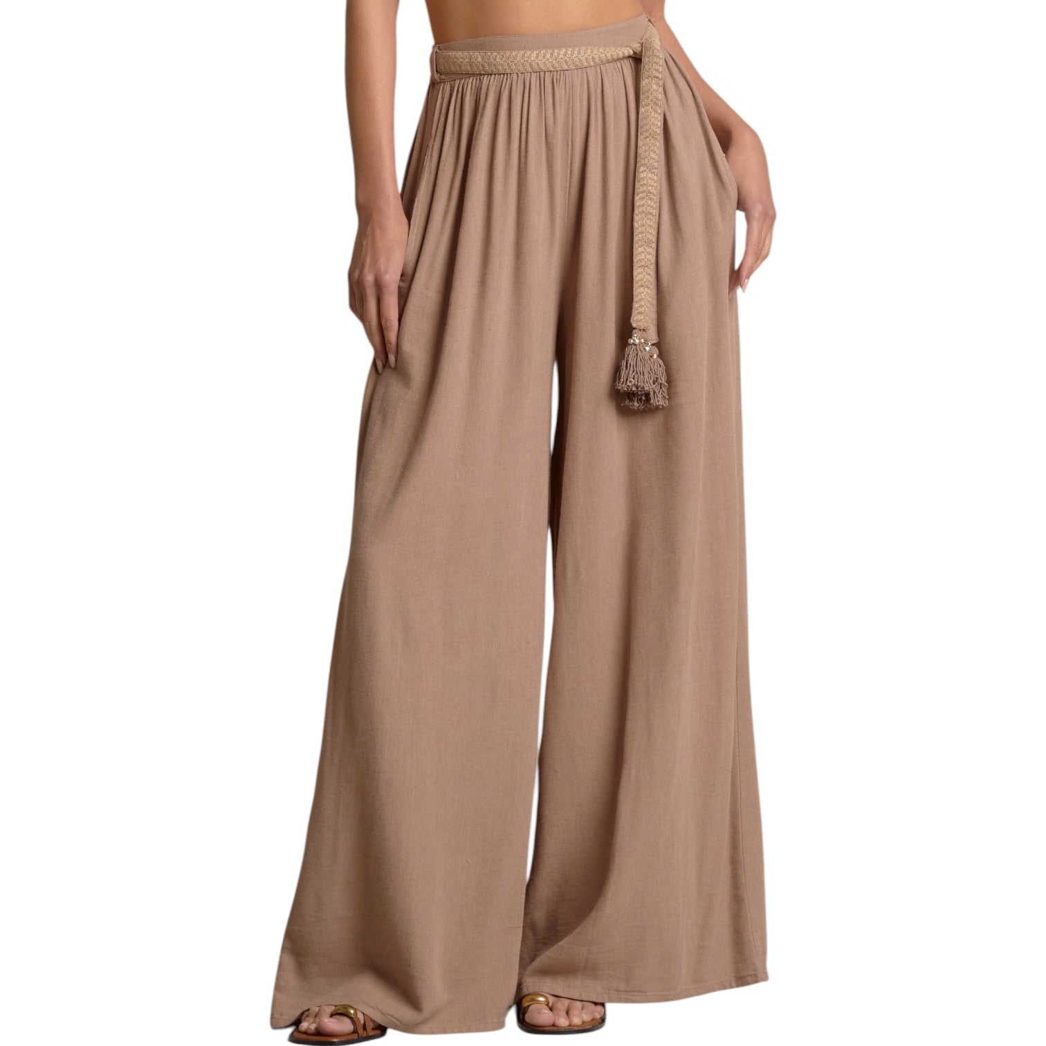 Beige wide-leg pants with a belt on a white background
