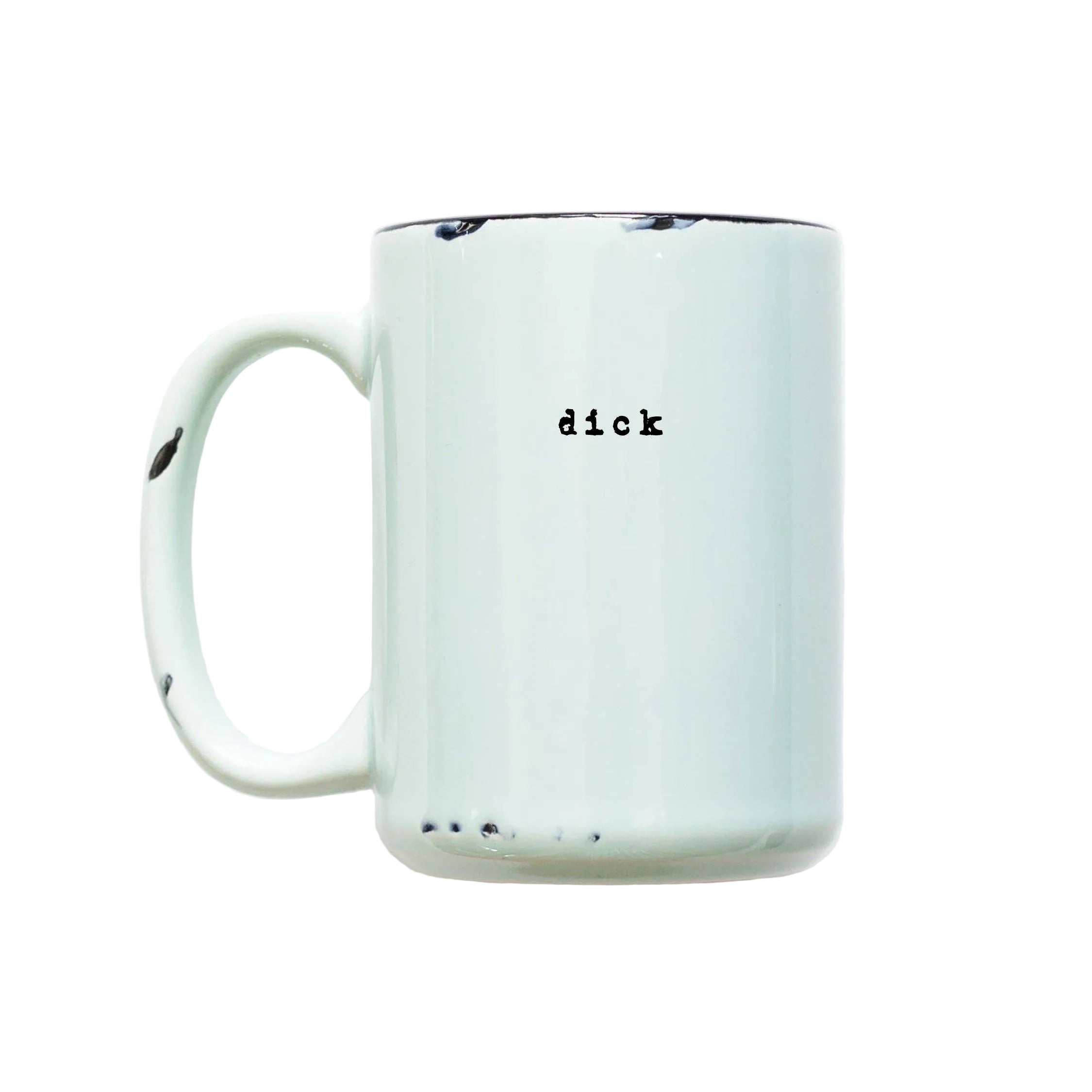 mint green mug with 'dick' printed on it against a white background