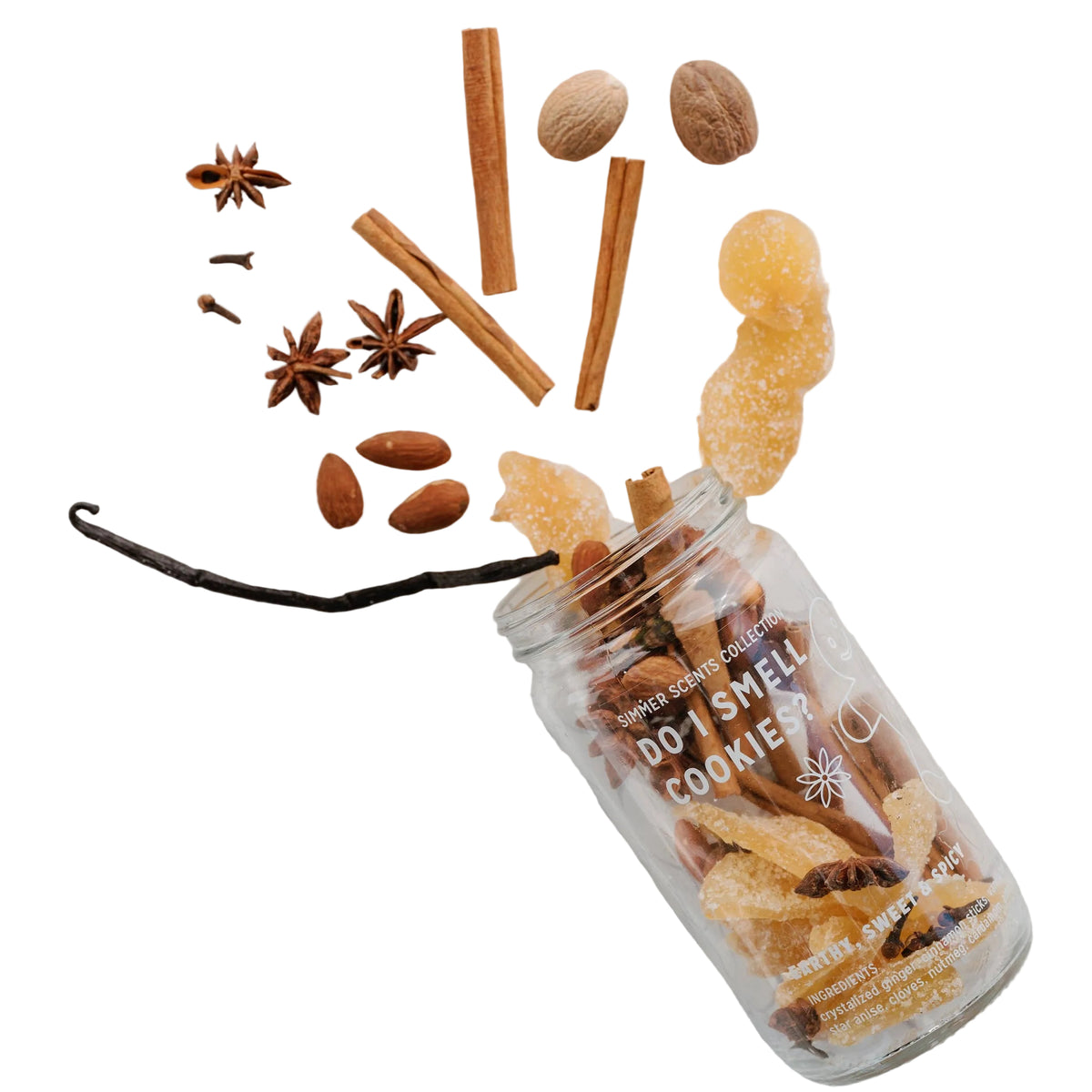 Jar of cookies with vanilla bean, cinnamon sticks, and other spices on a hexagonal tile background
