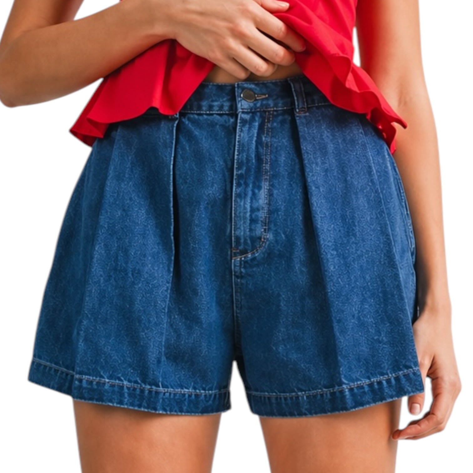 Person wearing blue denim shorts and a red top on a white background