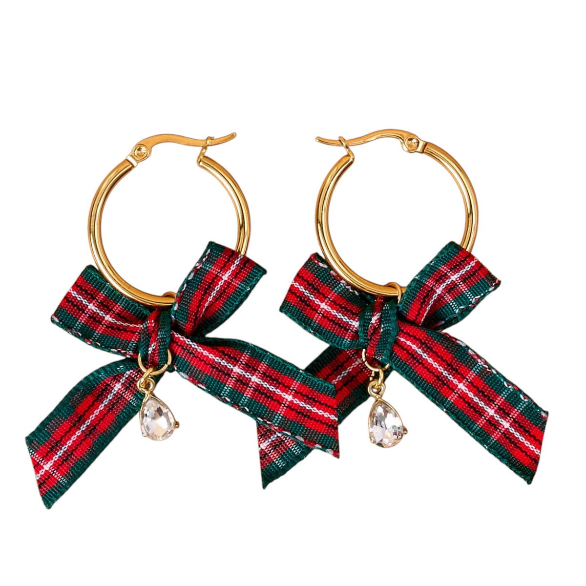 A pair of gold hoop earrings with red and green plaid ribbon bows and small clear teardrop rhinestones, shown on a plain white background.
