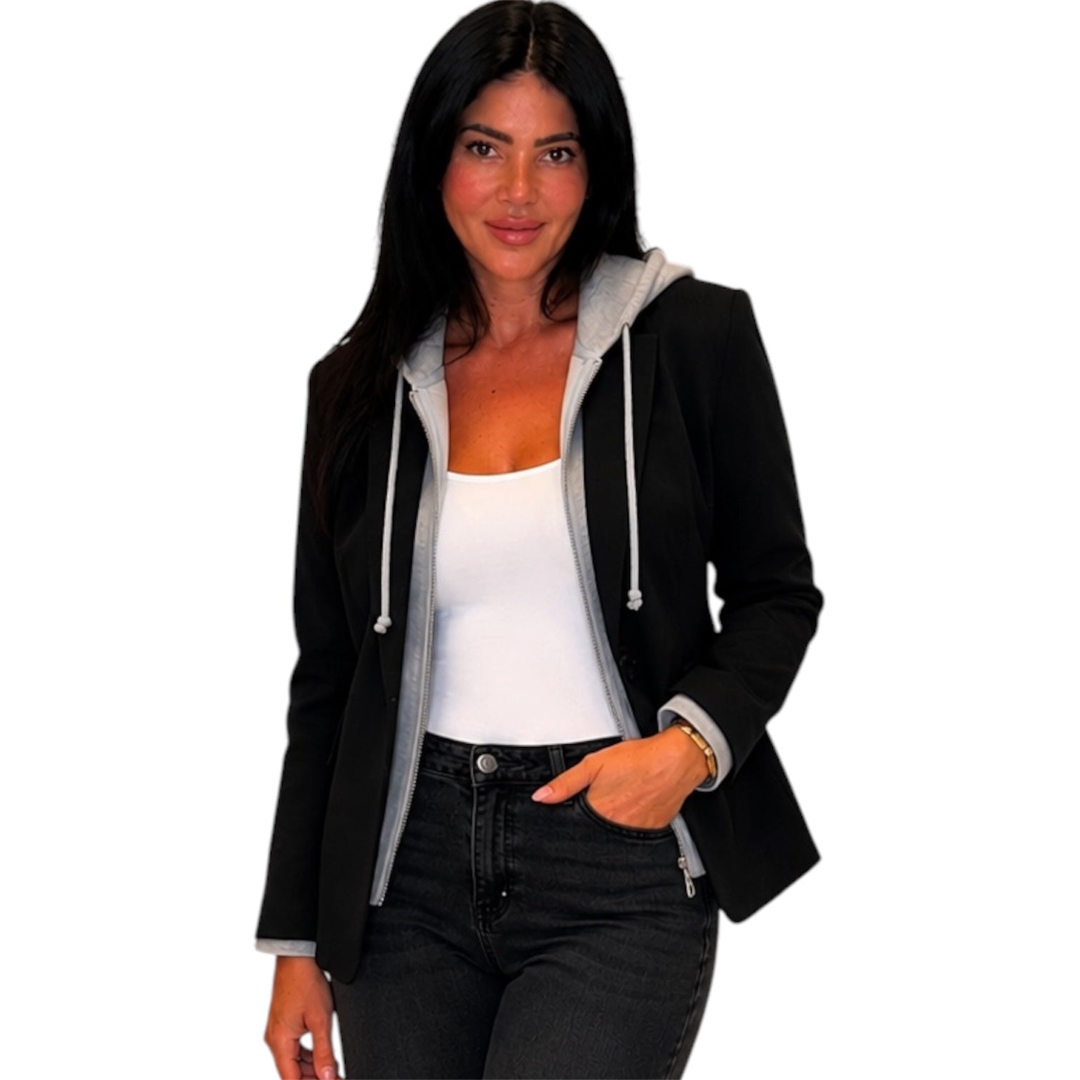 Woman wearing a black jacket with gray accents on a white background