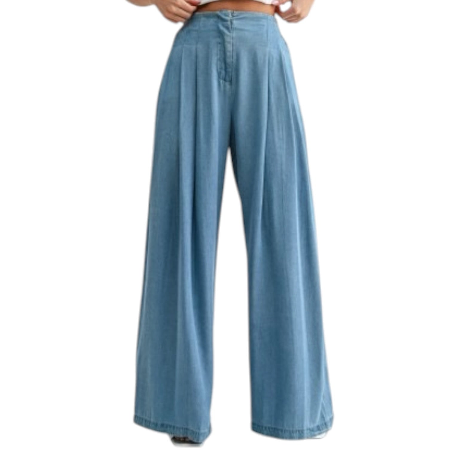 Blue wide-leg jeans on a white background