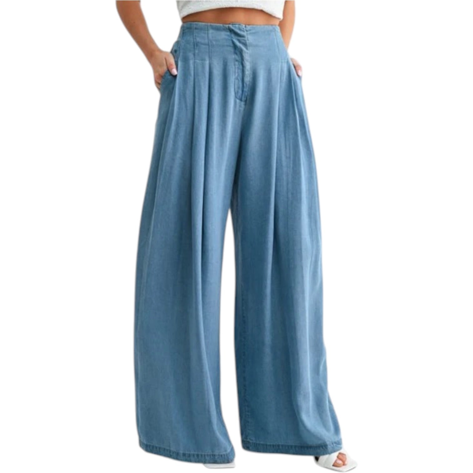 Blue wide-leg pants on a white background