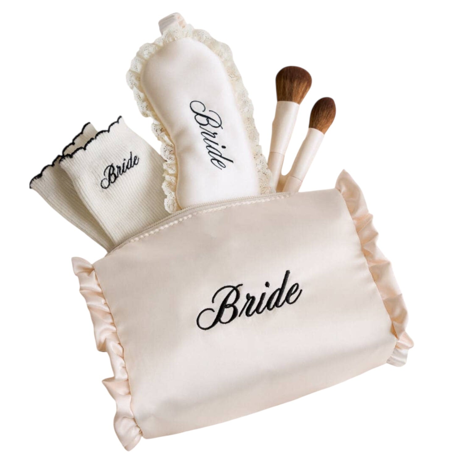 Makeup brush set with 'Bride' text on a white background