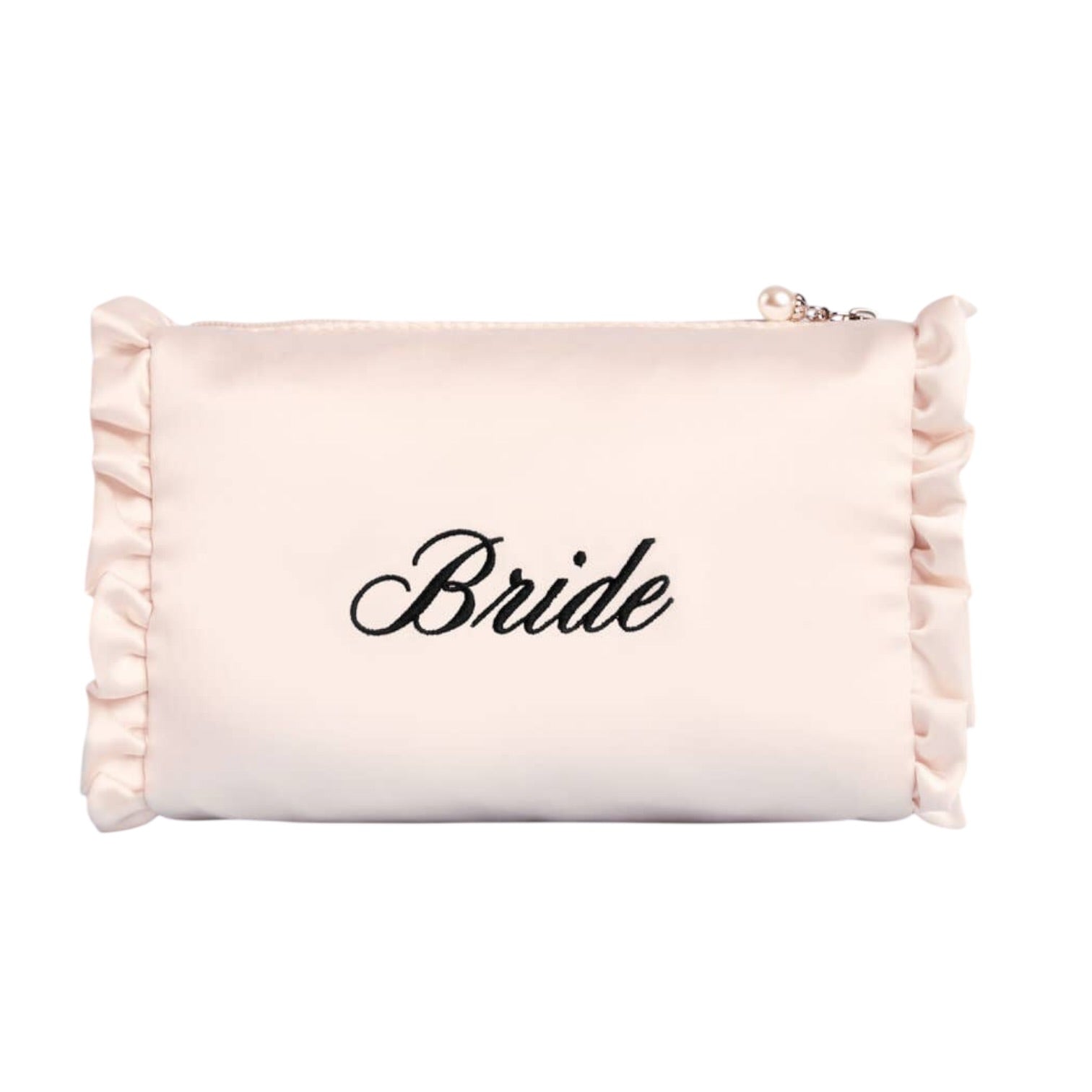 Pink satin pouch with 'Bride' text on a white background